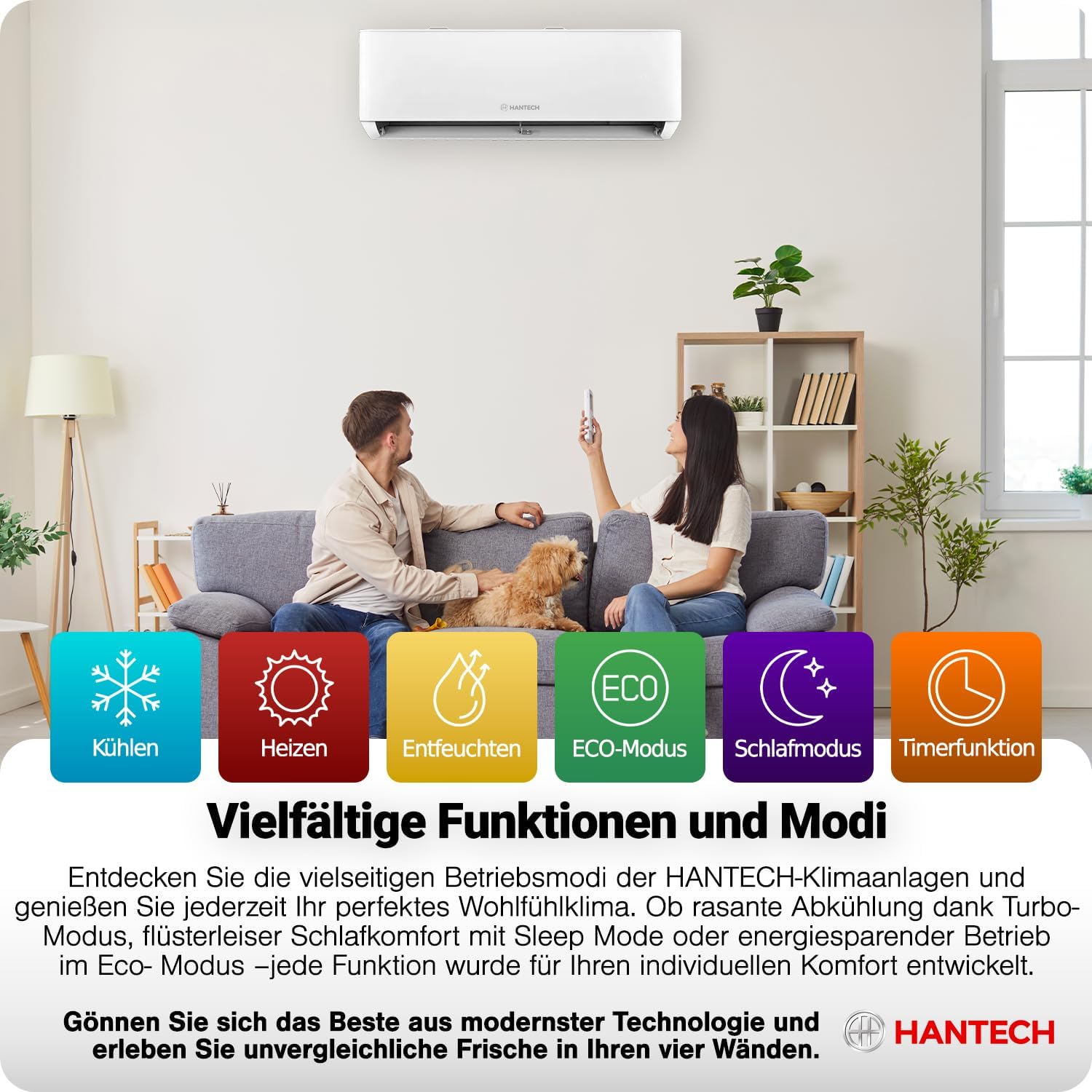 HANTECH H-PRO Split Air Conditioner 12000 BTU for Rooms up to 45 m² as a Complete Set with Copper Lines - Air-to-Air Heat Pump Technology - Smart Home Compatible, WiFi - Heating, Cooling, Dehumidifying