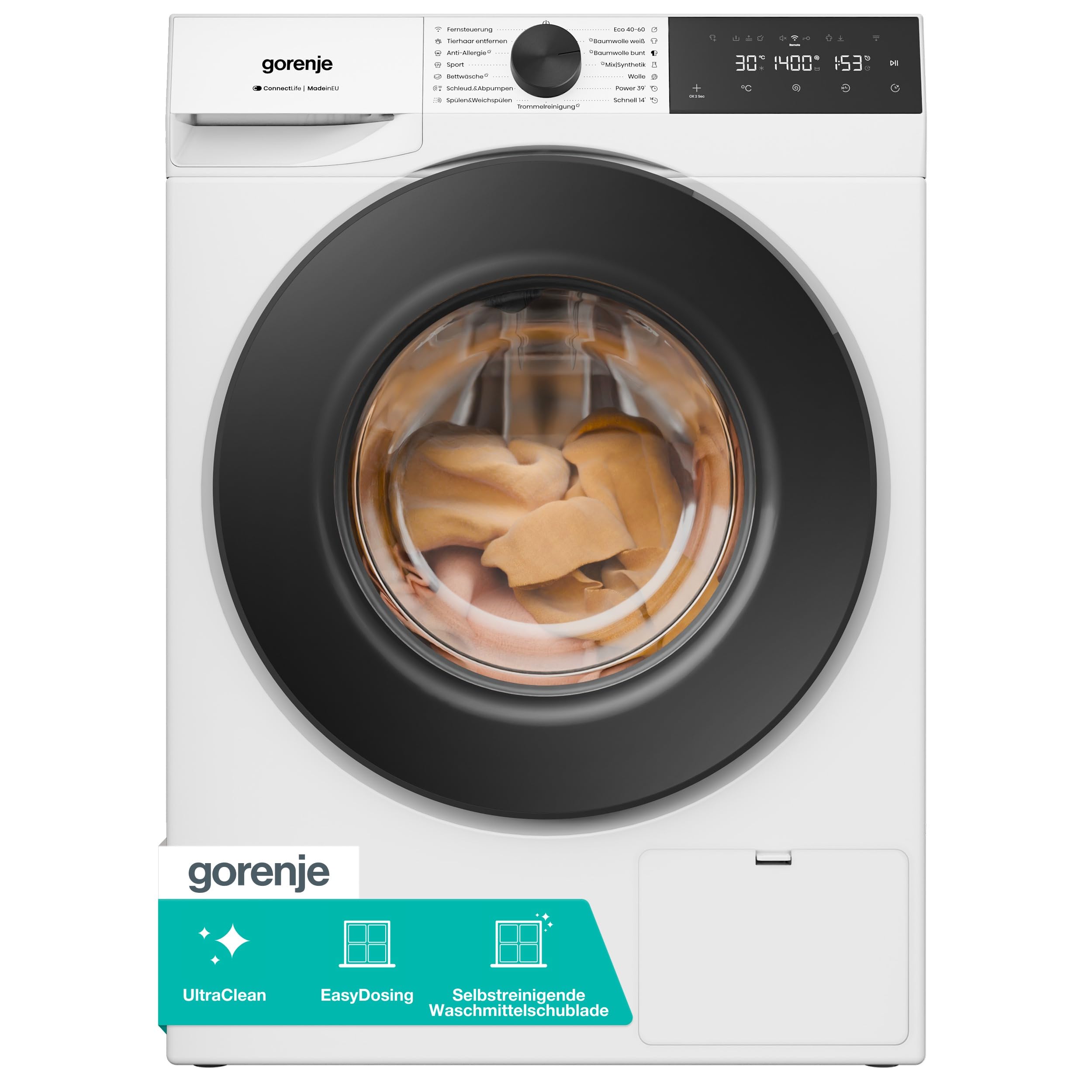 Gorenje WPNEI74A1TS Waschmachine mit Dampffunktion/ConnectLife / 7Kg / 1400 U/min / 15 Programme/Totaler AquaStop/WaveActive Trommel/ExtraHygiene/PowerWash/Schnell Waschgang/Weiß/EEK: A-10%