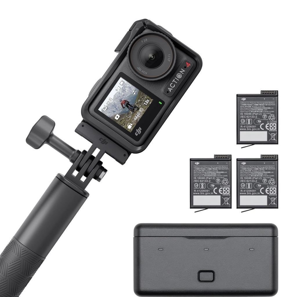 DJI Osmo Action 4 Essential Combo, 4K/120fps Action Cam with 1/1.3 Inch Sensor, Underwater Camera, Stunning Low-Light Recordings, 10-Bit and D-Log M Colour Performance, Long Lasting 1770 mAh Battery