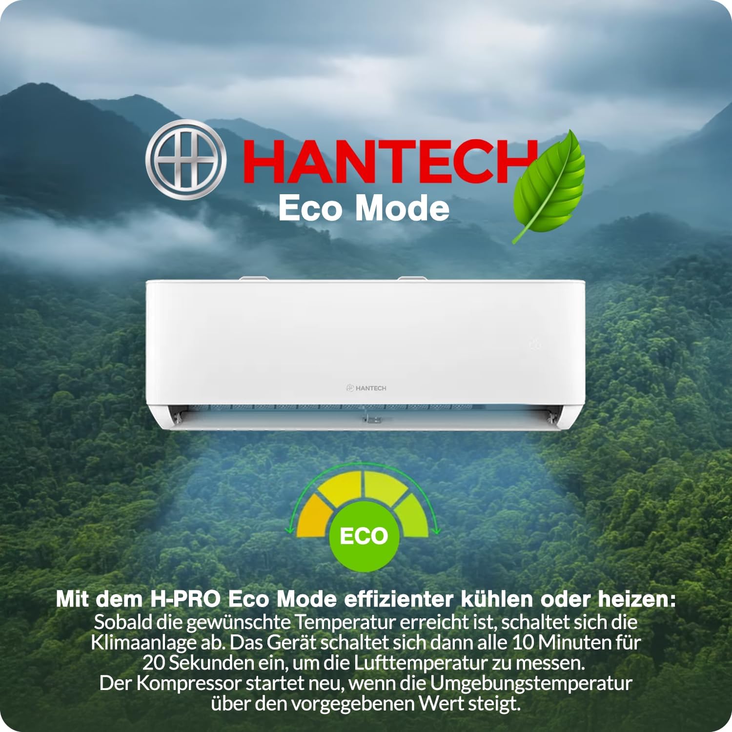HANTECH H-PRO Split Air Conditioner 12000 BTU for Rooms up to 45 m² as a Complete Set with Copper Lines - Air-to-Air Heat Pump Technology - Smart Home Compatible, WiFi - Heating, Cooling, Dehumidifying