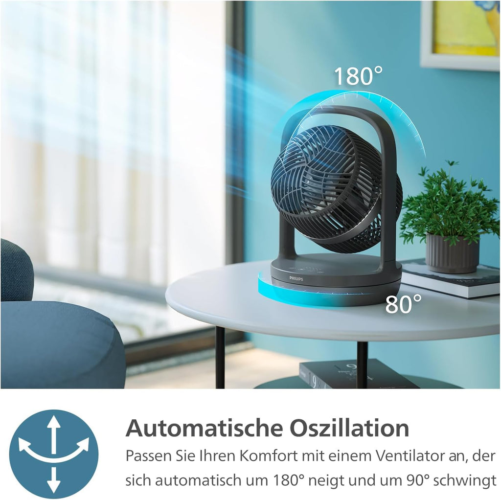 PHILIPS oszillierender Tischventilator Serie 3000, stark & superleise mit SilentWings-Technologie mit 23 dB, leicht zu tragen, Neigung 180°, Timer, schwarz (CX3050/01)