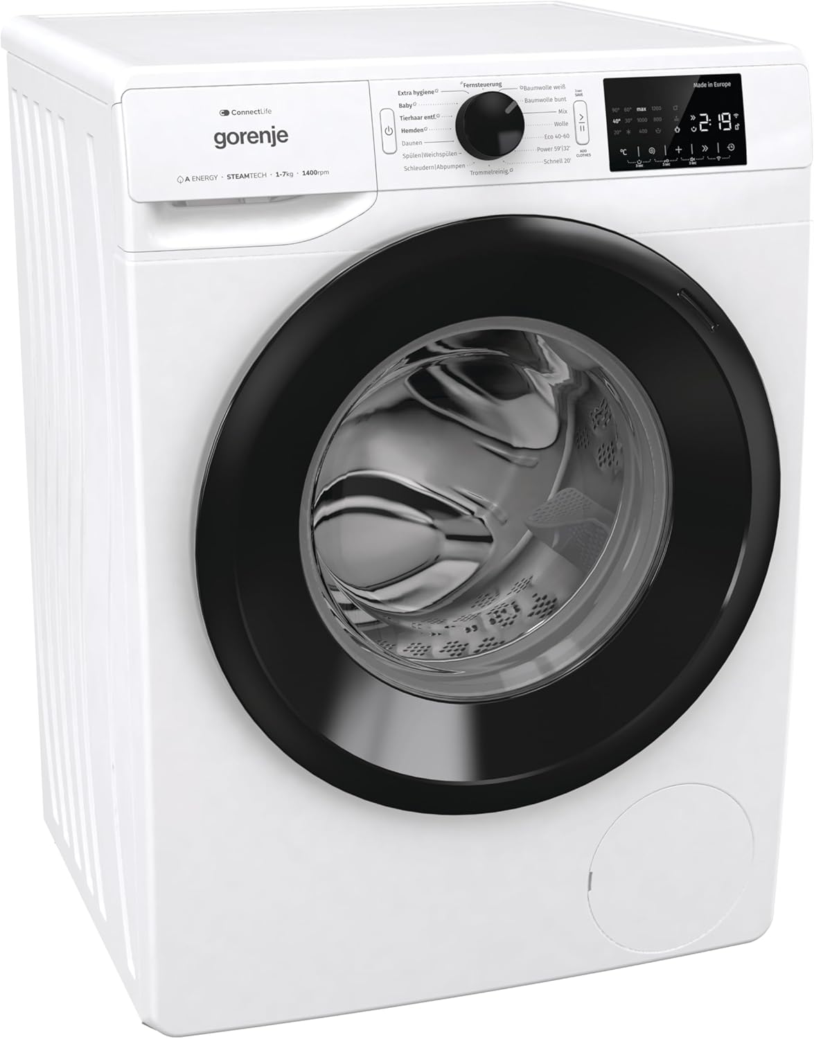 Gorenje WPNEI74A1TS Waschmachine mit Dampffunktion/ConnectLife / 7Kg / 1400 U/min / 15 Programme/Totaler AquaStop/WaveActive Trommel/ExtraHygiene/PowerWash/Schnell Waschgang/Weiß/EEK: A-10%