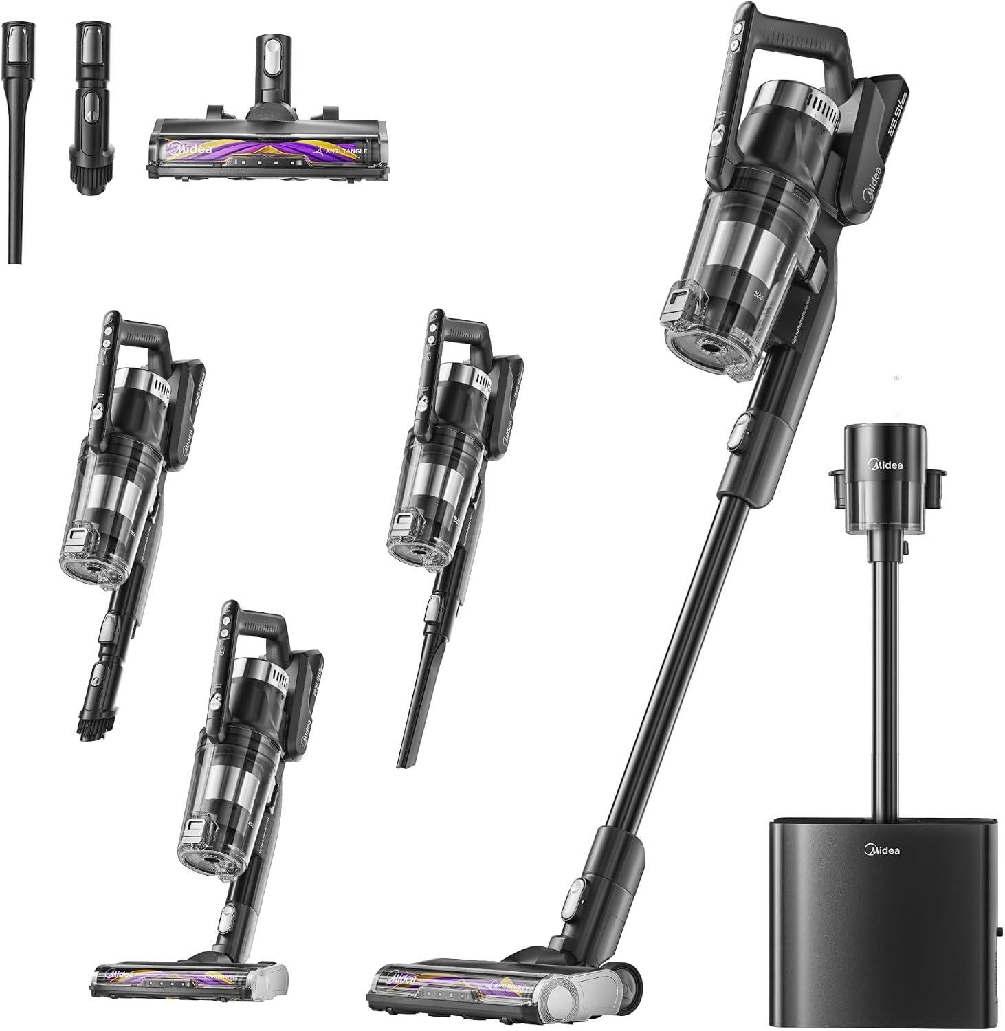 Midea Cordless Vacuum Cleaner with Suction Station, 350 W, up to 60 Minutes Running Time, Self-Draining Anti-Tangle Brush, LED Nozzle, HEPA Filter, Suitable for Allergy Sufferers, Interchangeable Battery, Wireless, Black