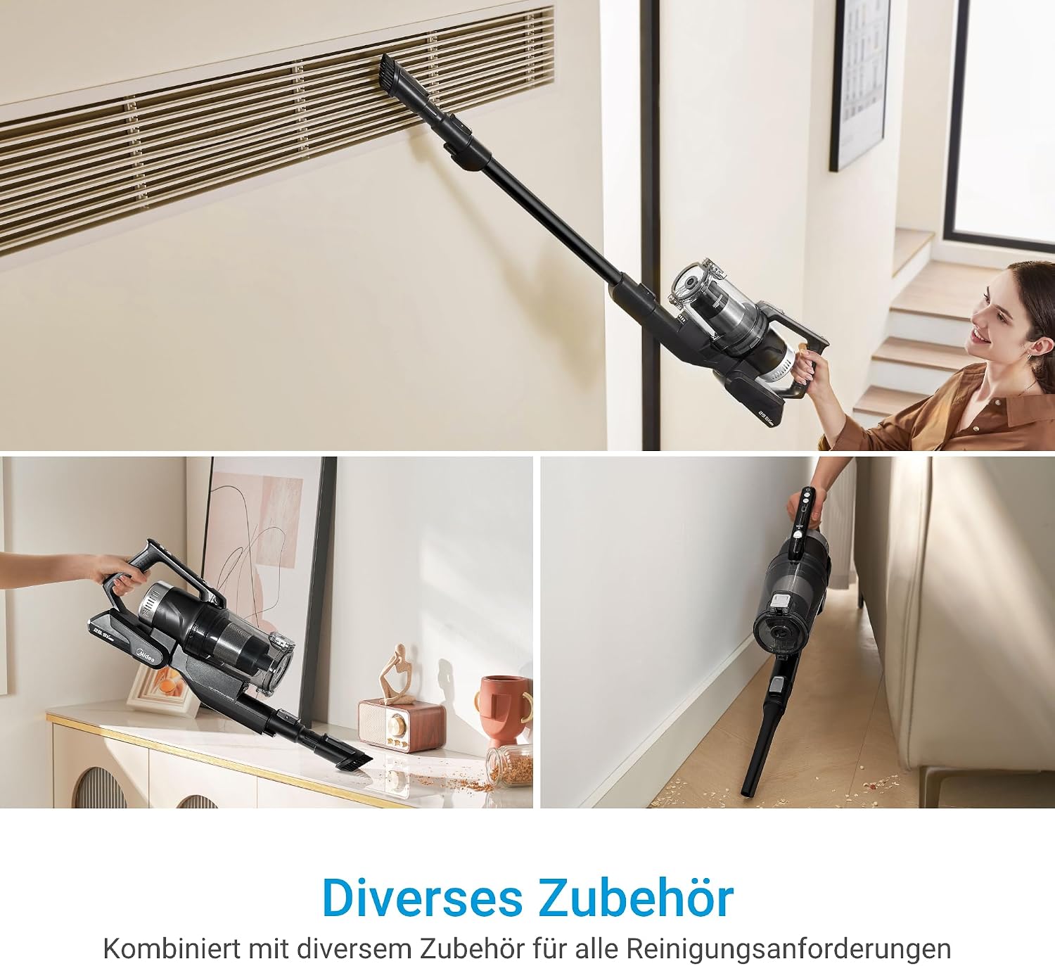 Midea Cordless Vacuum Cleaner with Suction Station, 350 W, up to 60 Minutes Running Time, Self-Draining Anti-Tangle Brush, LED Nozzle, HEPA Filter, Suitable for Allergy Sufferers, Interchangeable Battery, Wireless, Black