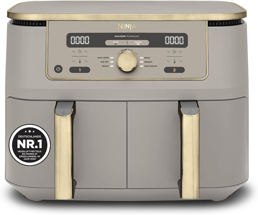 Ninja Dual Zone Digital Air Fryer, 2 Drawers, 6-in-1, Hot Air Fryer, 9.5L, Hot Air Fryer, Max Crisp, Roasting, Baking, Reheating, Dishwasher Safe Baskets, Stone/Gold DZ400EUSTGD