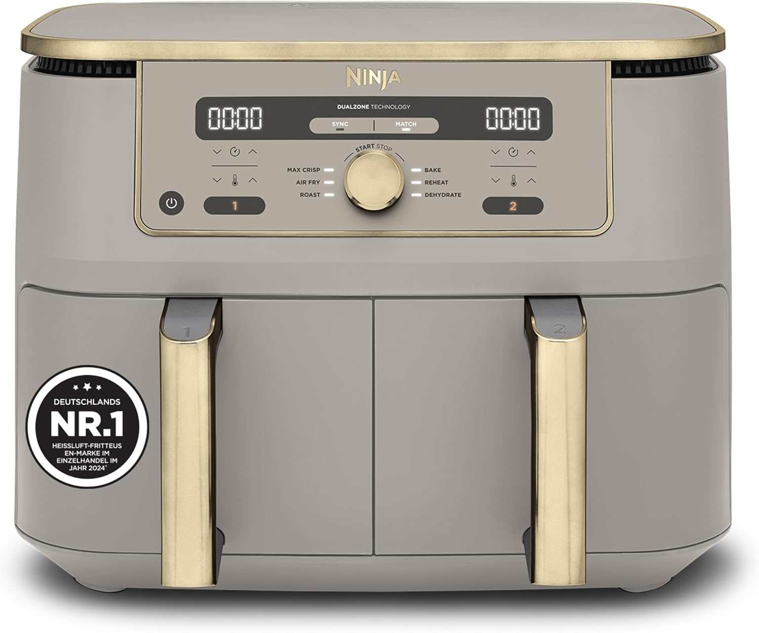 Ninja Dual Zone Digital Air Fryer, 2 Drawers, 6-in-1, Hot Air Fryer, 9.5L, Hot Air Fryer, Max Crisp, Roasting, Baking, Reheating, Dishwasher Safe Baskets, Stone/Gold DZ400EUSTGD