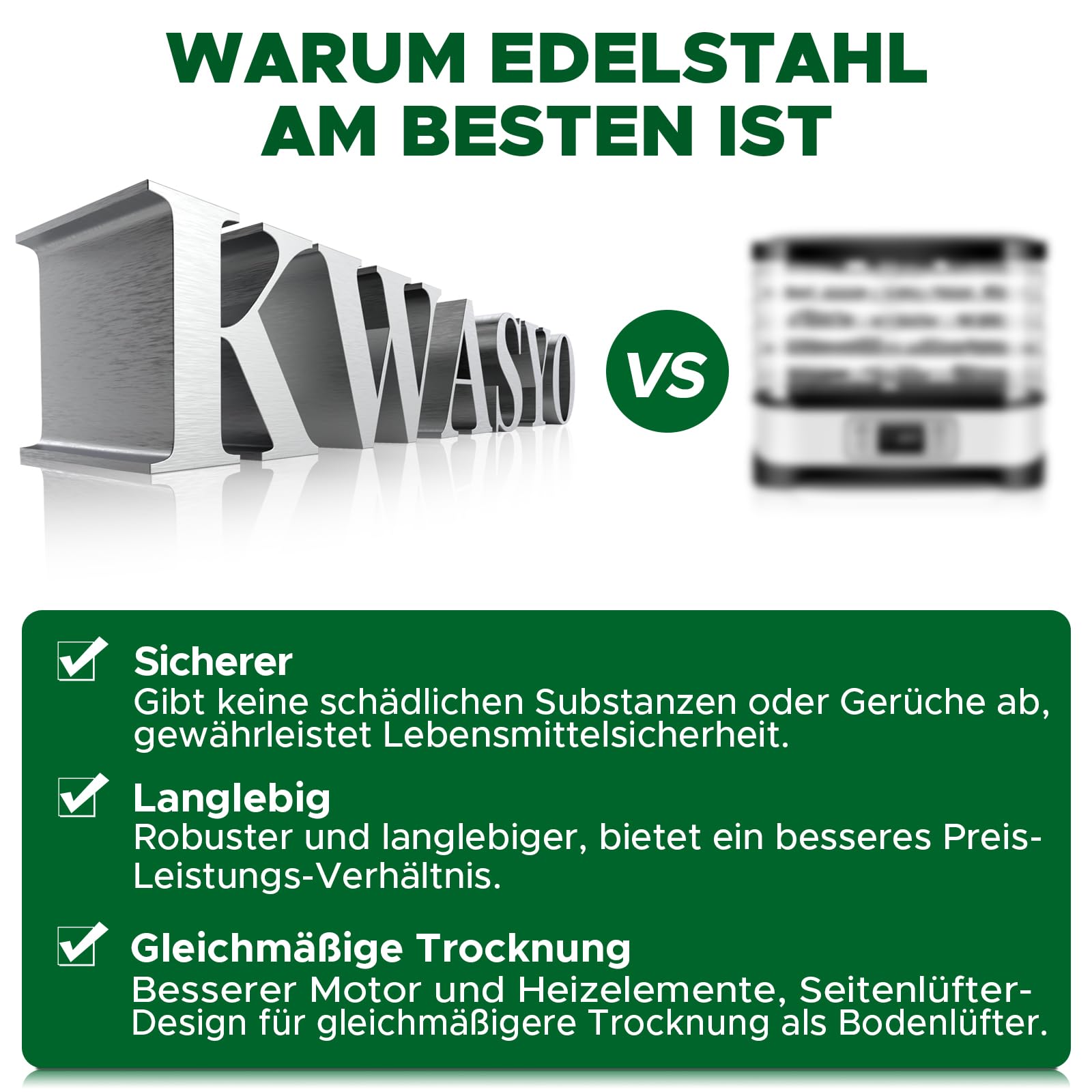 Kwasyo Dörrautomat Edelstahl DA 1000, XXL-Dörrfläche 1,8 m², Dörrgerät Temperatur einstellbar 30-90℃, LED-Display, 24 Std, BPA-frei, mit Rezeptheft, 10 Edelstahl-Dörrtablettso