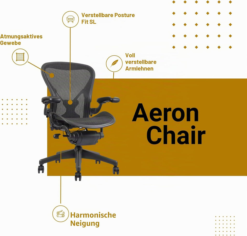 Herman Miller Aeron Chair - Highly Adjustable Graphite Frame - With PostureFit - Carbon Classic (Medium)