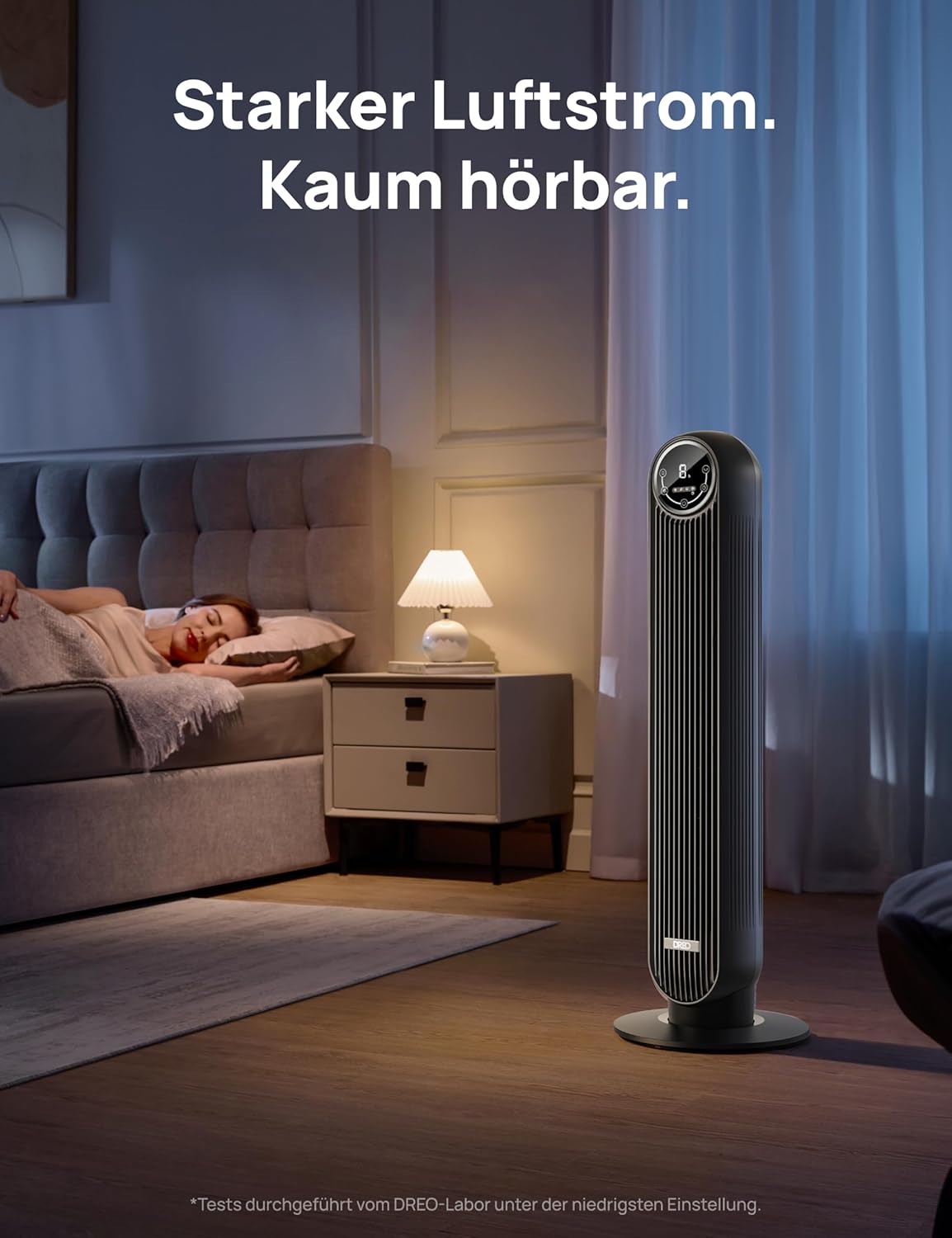 DREO Quiet Tower Fan, 10 m Throwing Distance 4 Speed Levels 4 Modes 8 Hours Timer 90° Oscillating Fan with Cooling Remote Control for Bedroom, Tower Fan 307, Black
