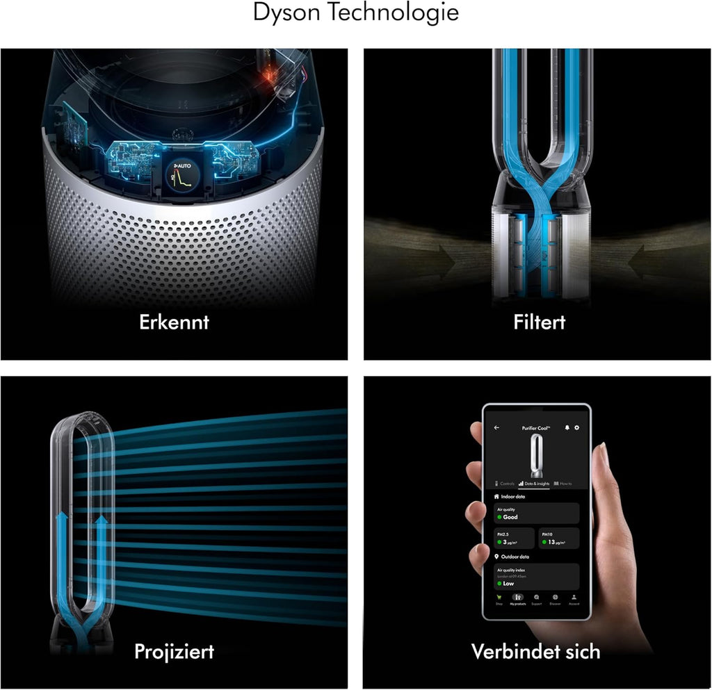 Dyson Purifier Cool™ PC1 Turmventilator Luftreiniger mit HEPA‑H13‑Filter – Leistungsstarke Kühlung & Luftreinigung für Räume bis 23qm, Steuerung über App‑ & Fernbedienung, 350° Rotation (Weiß)