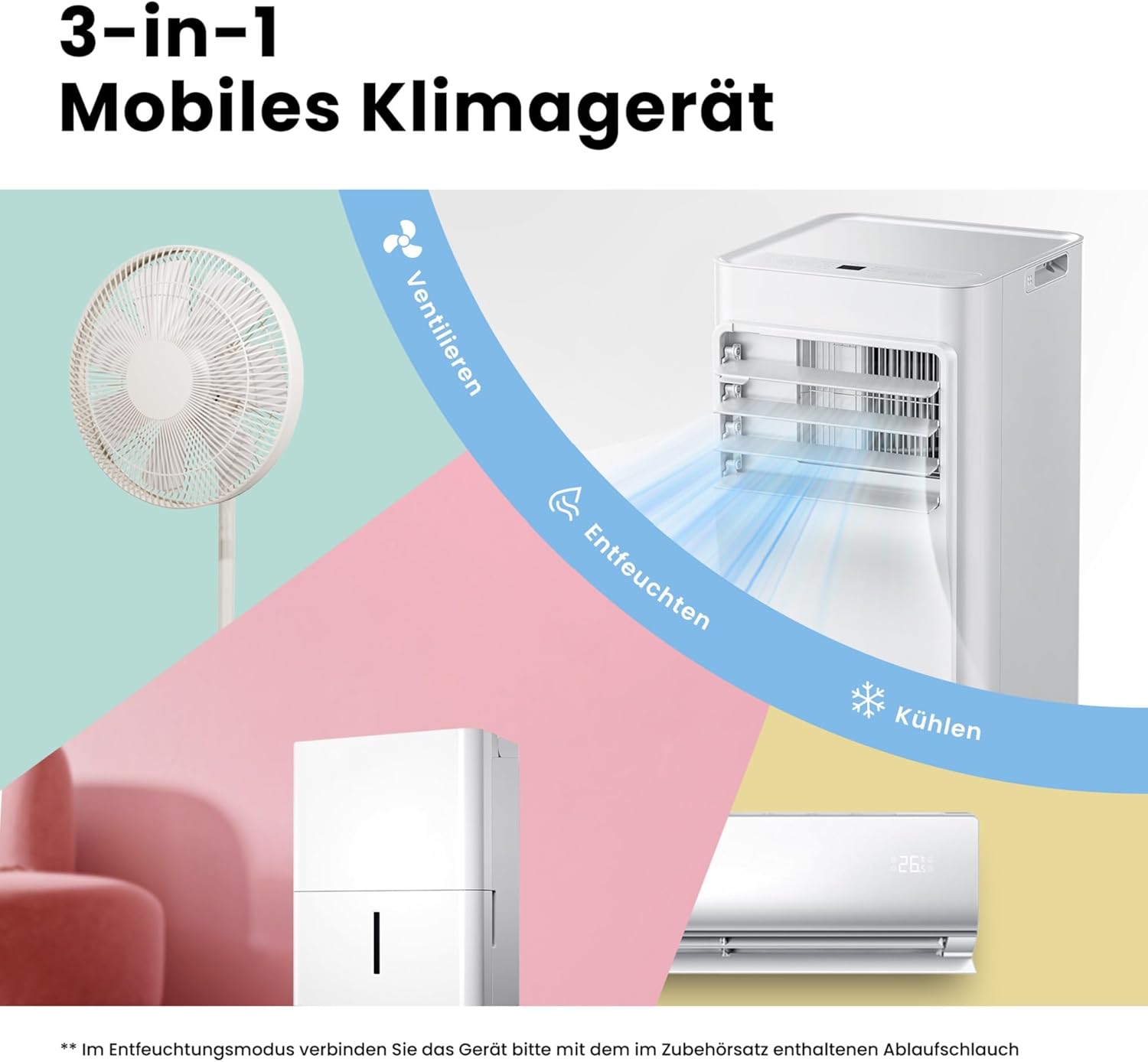 Comfee Breezy Cool Pro 2.6 Mobile Air Conditioner, 9,000 BTU, 2.6 kW, Cooling, Ventilating & Dehumidifying, App Control, Room Size up to 88 m³ (33 m²), with Exhaust Hose