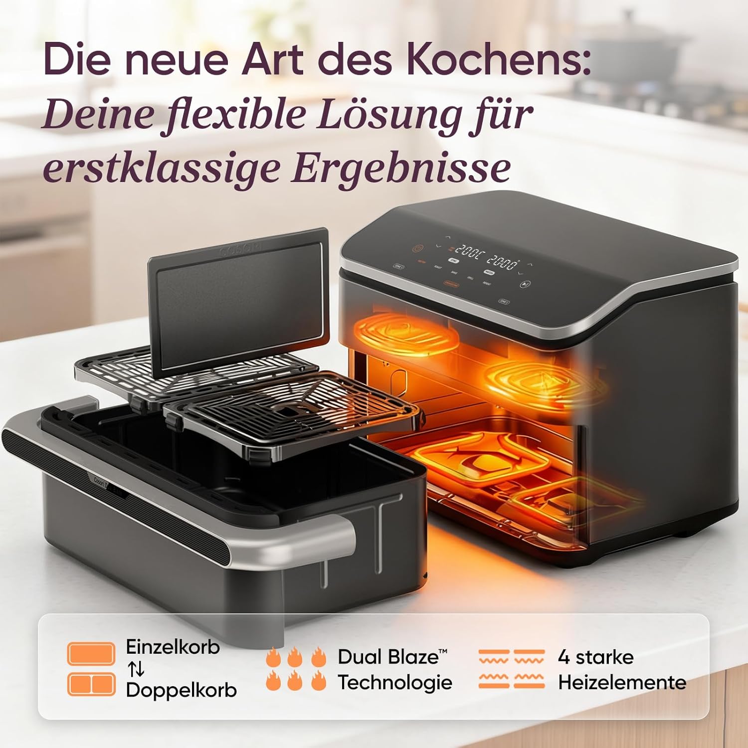 COSORI Hot Air Fryer 2 Chambers, Dual Blaze TwinFry 10L Airfryer, with 4 Heating Pipes and Flexible Chambers, Even Heat Distribution, Temperature up to 240 °C, Black, TF102S