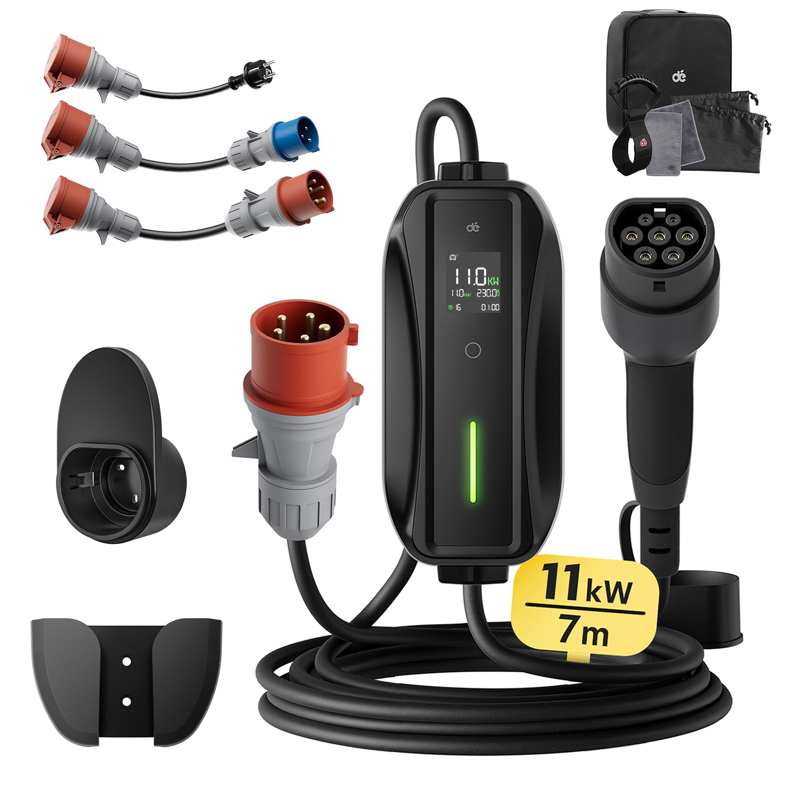 dé Mobile Wallbox/Charging Station 11 kW [3-Phase | 7 m | 6-16 A] with Adjustable Charging Power, Charging Cable CEE 16A to Type 2 and EV Charger for Model Y/3, ID.3/4/5, MG4, EX30, e-up, e-tron, Zoe and Other EV