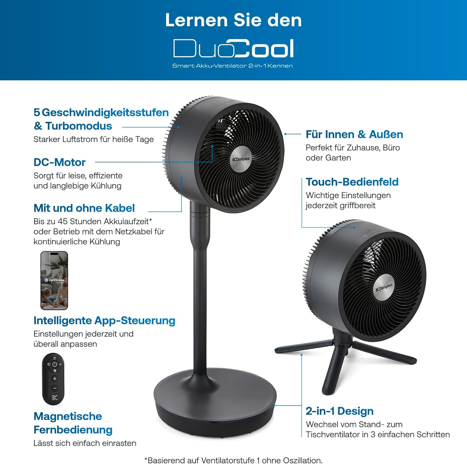 Dimplex Duocool Smart 2-in-1 Cordless Cordless Fan, Stand & Table Fan, 45 Hours Battery, 5 Speeds + Turbo, 20 m Range, Quiet Fan (36 dB), App, Google Home & Alexa, Remote Control