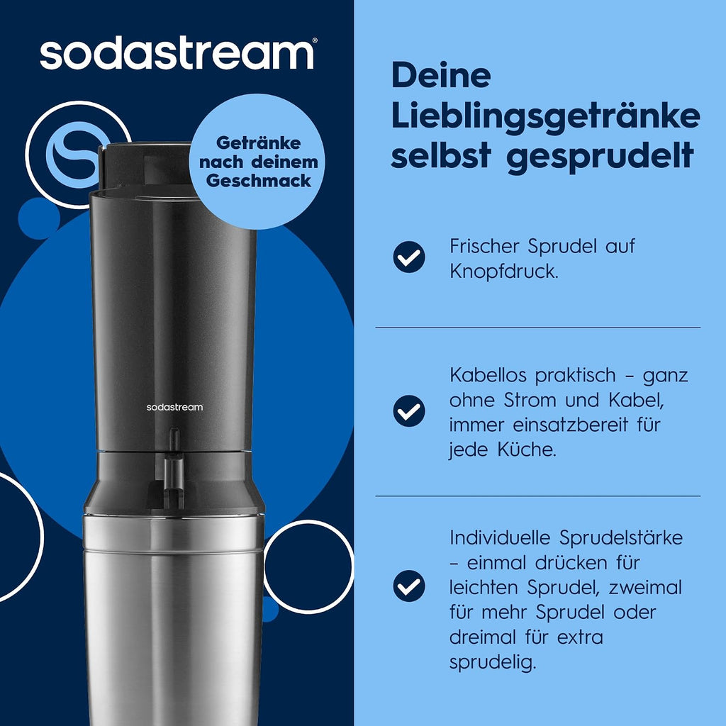 SodaStream Crystal 3.0 Wassersprudler mit 1x Quick-Connect CO2-Zylinder und 2X Glaskaraffen, Silber, Schwarz, Titan, 45 cm