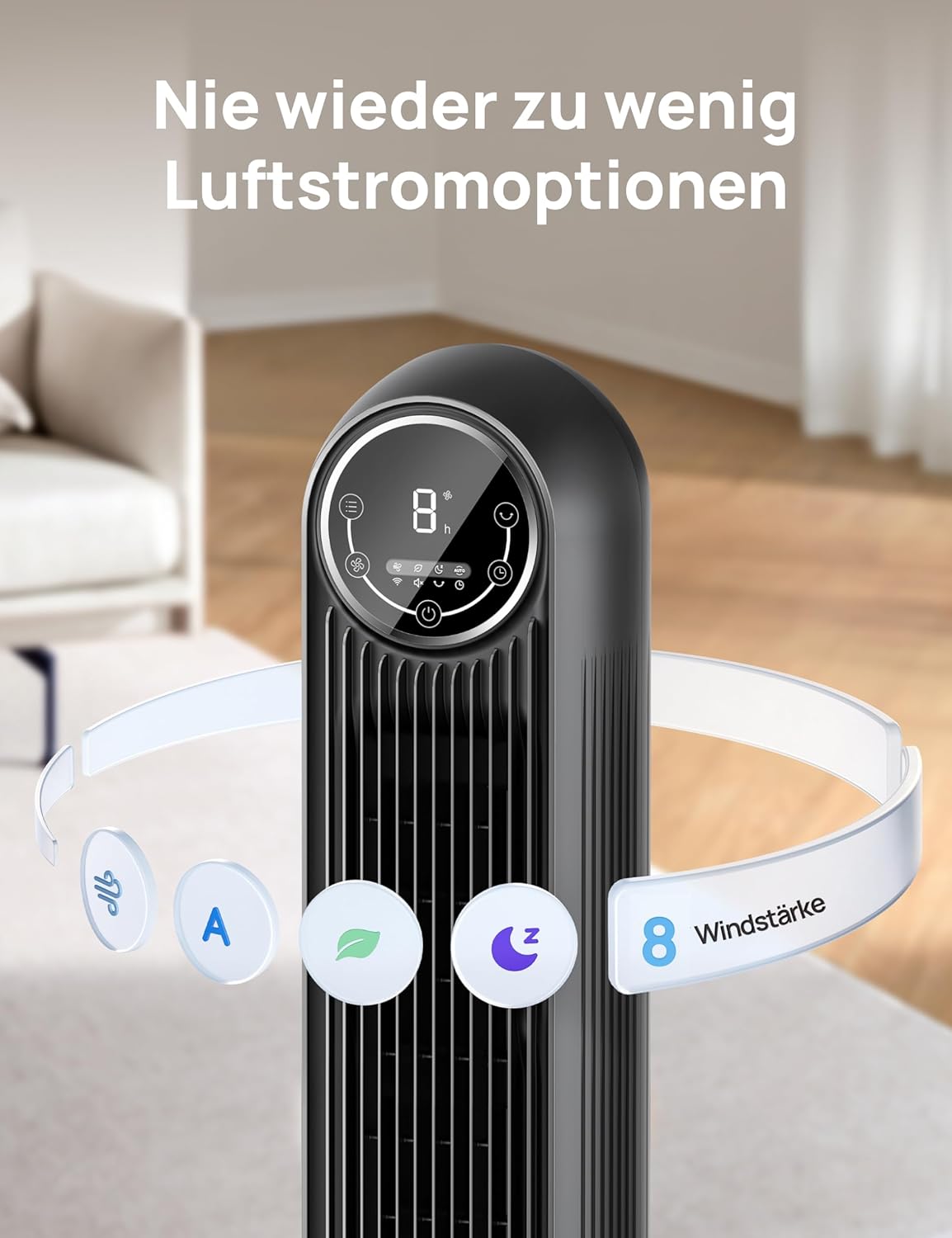 DREO Quiet Tower Fan, 10 m Throwing Distance 4 Speed Levels 4 Modes 8 Hours Timer 90° Oscillating Fan with Cooling Remote Control for Bedroom, Tower Fan 307, Black