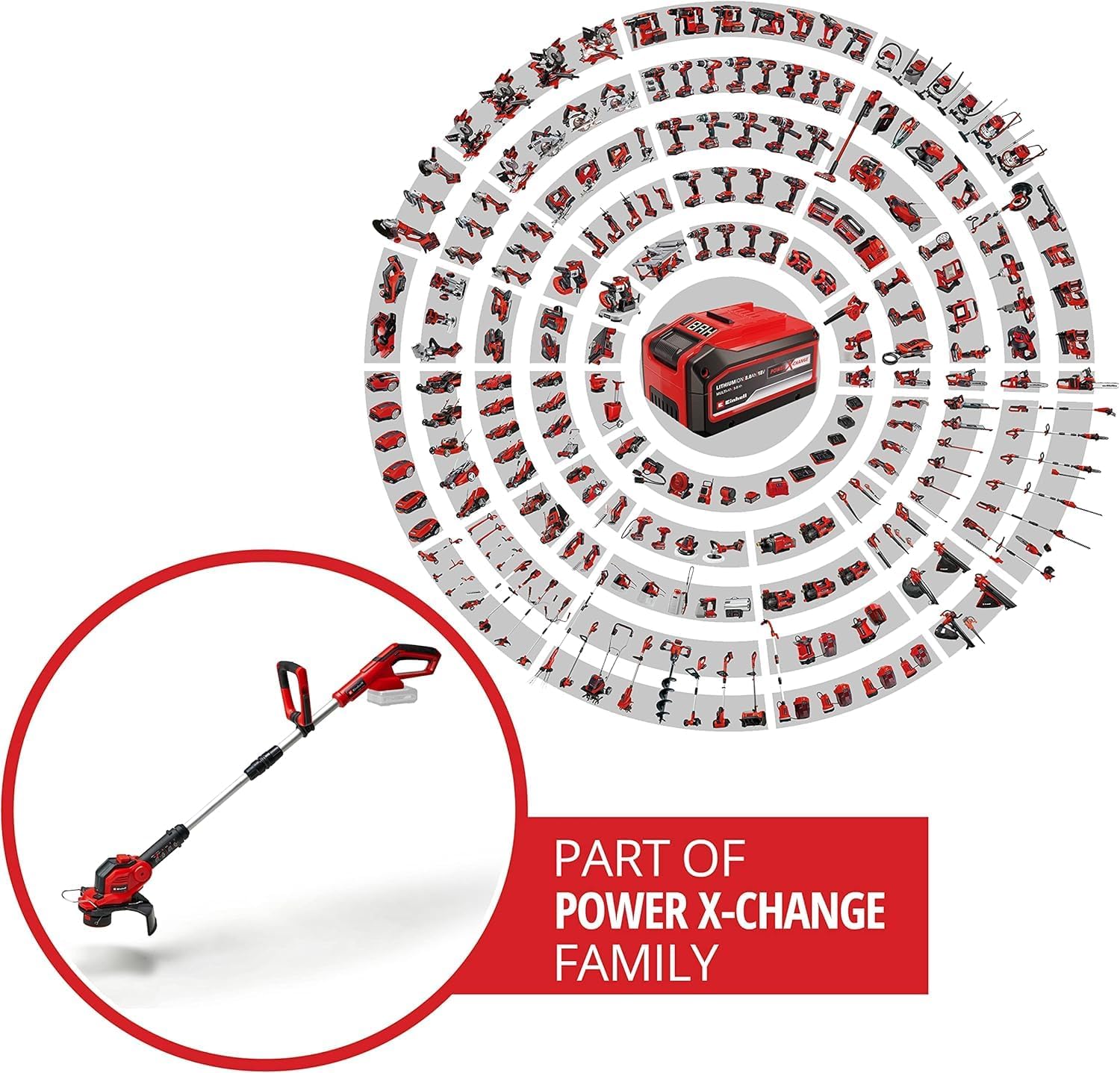 Einhell GE-CT 18/28 Li-Solo Power X-Change Cordless Grass Trimmer (18 V, 28 cm Cutting Width Thread, Rotatable and Tilting Motor Head, without Battery and Charger), Red/Black