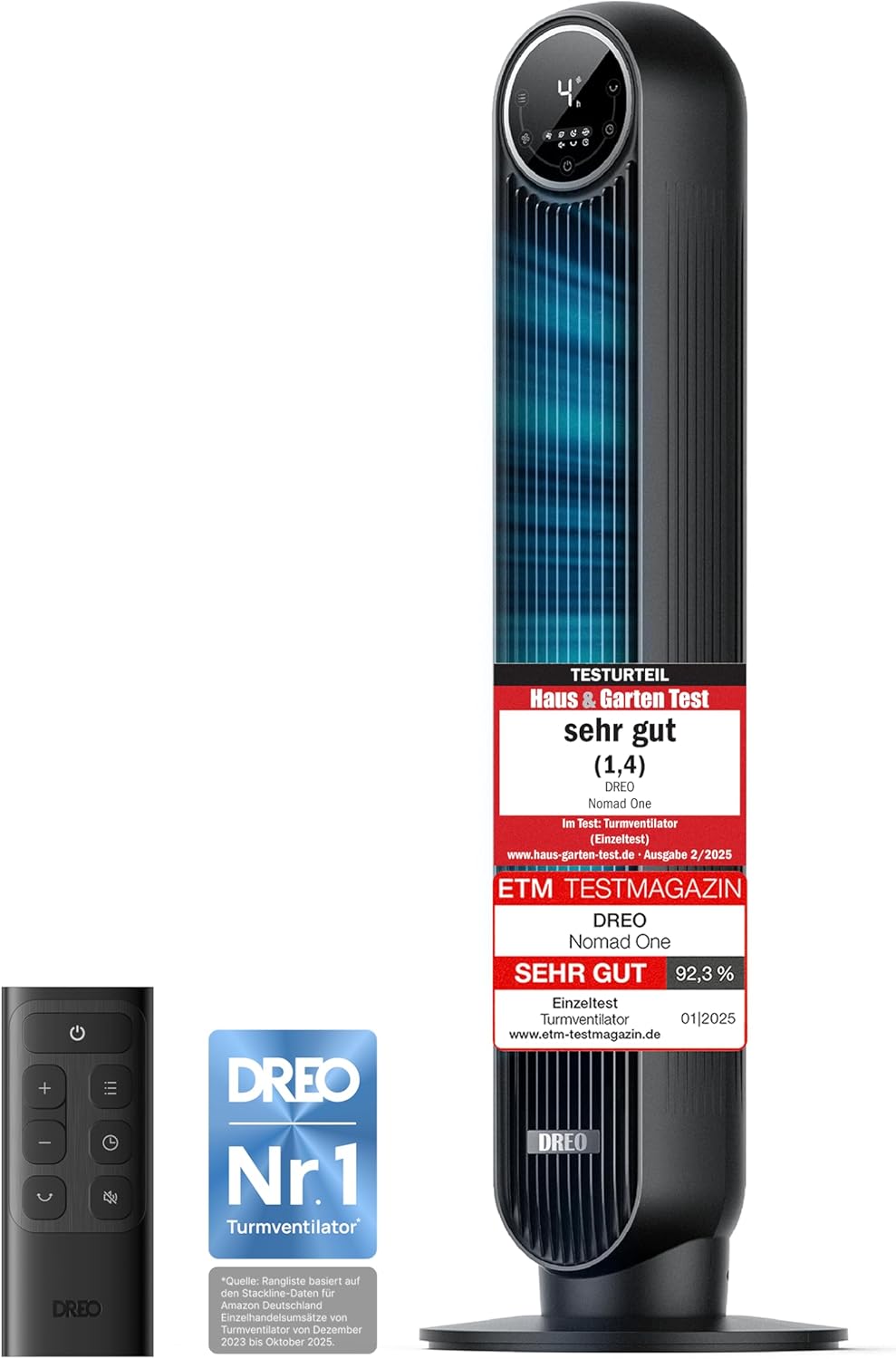 DREO Quiet Tower Fan, 10 m Throwing Distance 4 Speed Levels 4 Modes 8 Hours Timer 90° Oscillating Fan with Cooling Remote Control for Bedroom, Tower Fan 307, Black