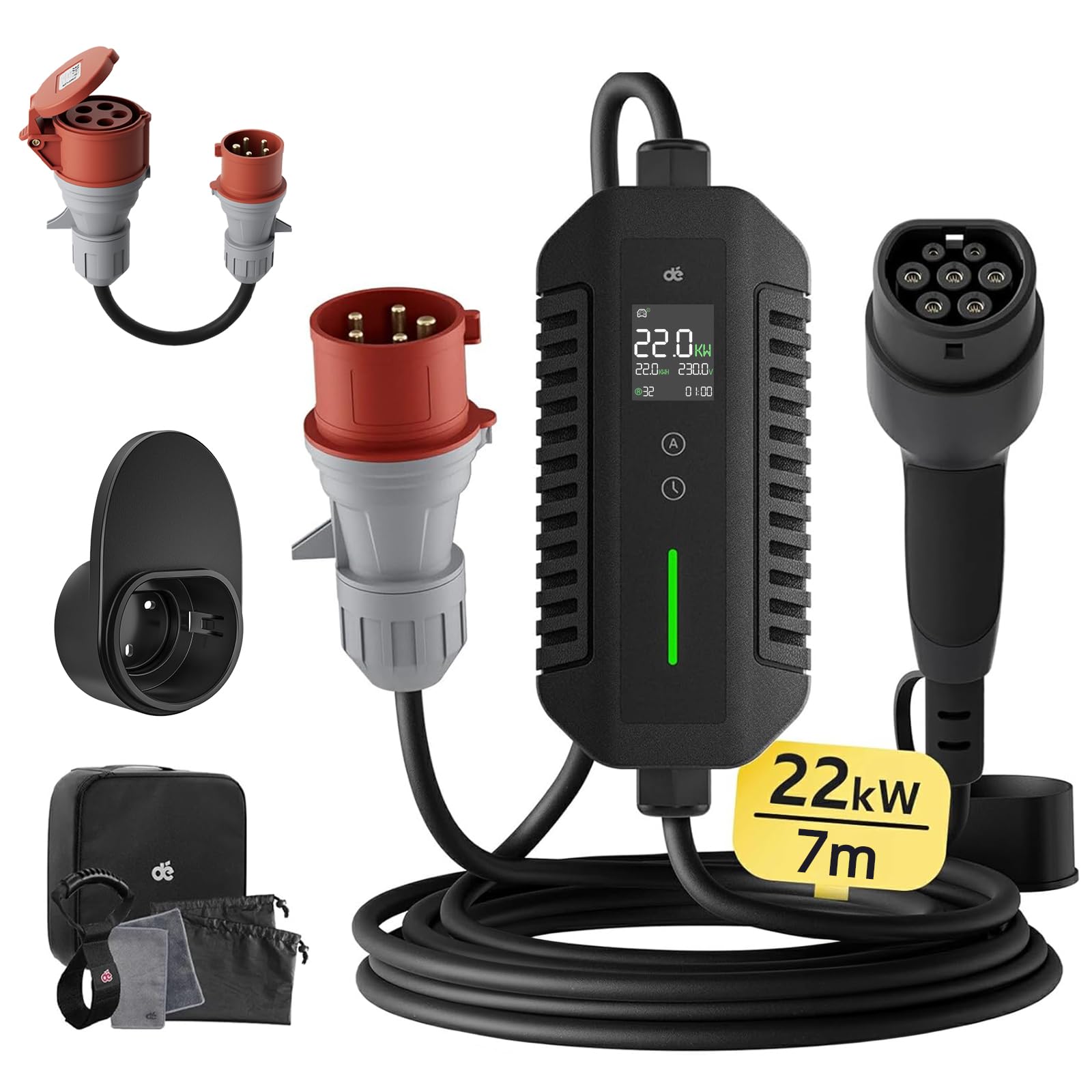 dé Mobile Wallbox/Charging Station 11 kW [3-Phase | 7 m | 6-16 A] with Adjustable Charging Power, Charging Cable CEE 16A to Type 2 and EV Charger for Model Y/3, ID.3/4/5, MG4, EX30, e-up, e-tron, Zoe and Other EV