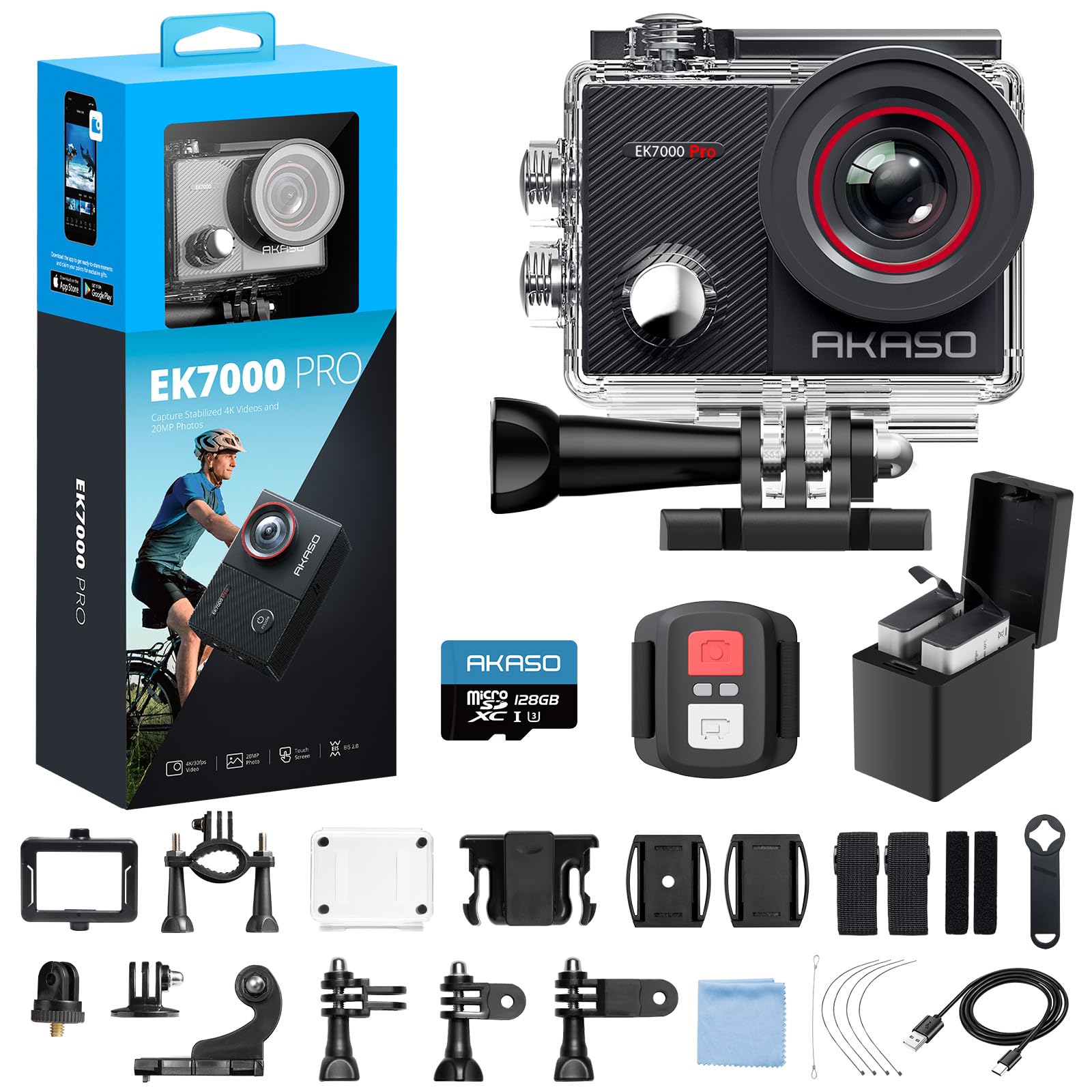 AKASO Action Cam 4K30FPS 20MP with Floating Handle and Bag WiFi 40M Underwater Camera Waterproof Ultra HD Touchscreen Adjustable Wide Angle Ice Action Cam with 2.4G Remote Control