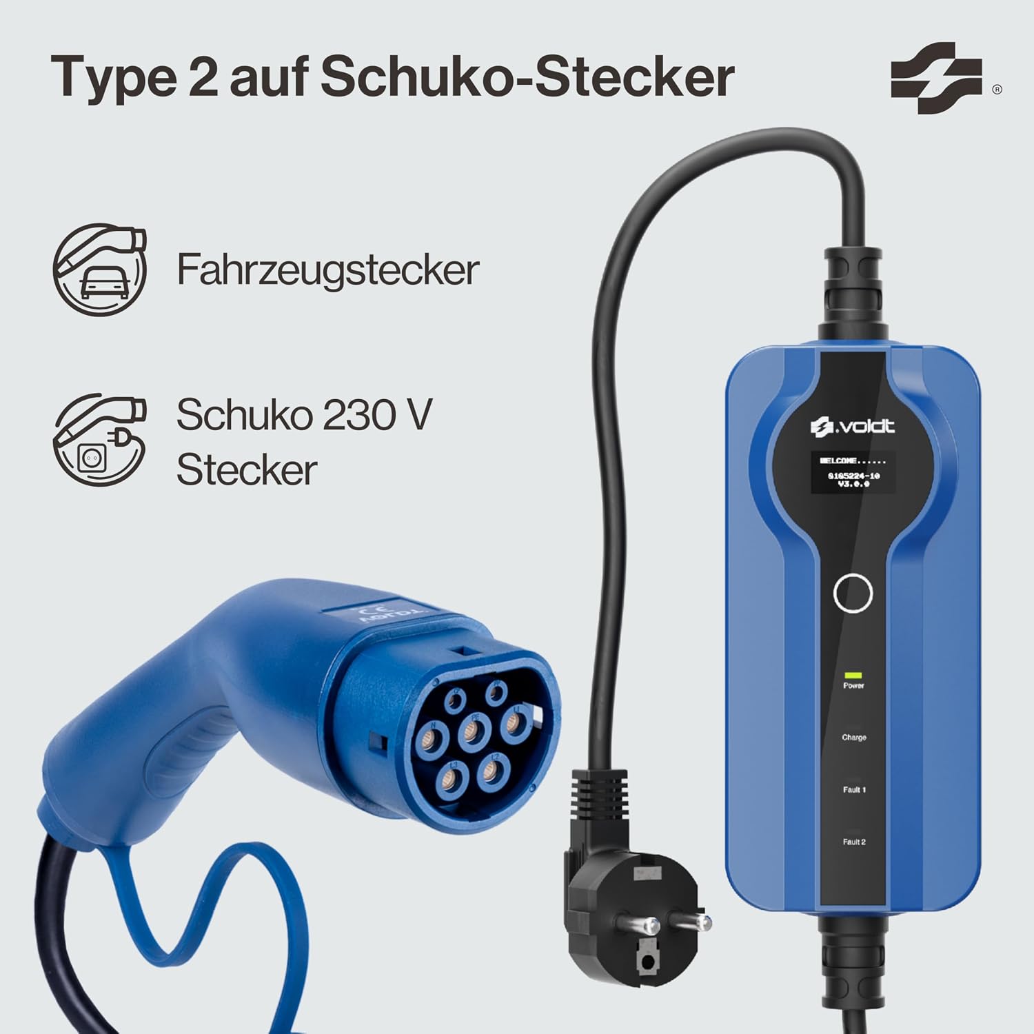 VOLDT Type 2 Charging Cable Schuko 3.7 kW, 1-Phase, 8A - 16A, Adjustable EV Charger with Controllable Digital Display for Electric Car, Charging Cable for Electric Vehicles, IP67 Waterproof (Length 5)