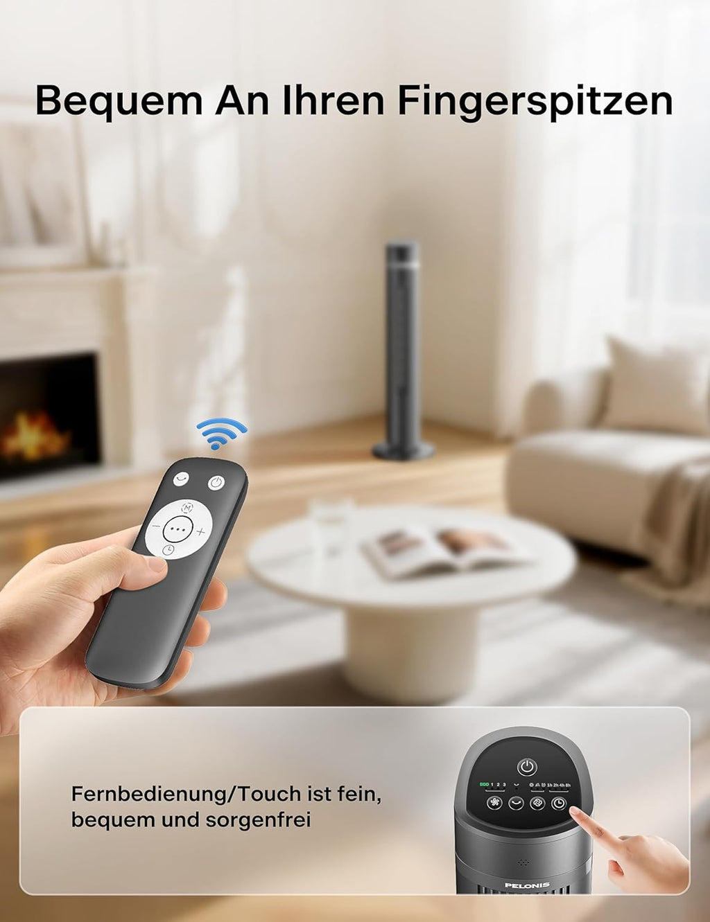 Pelonis Quiet Tower Fan, 40 Inch 102 cm Fan with Remote Control, 7 m/s Tower Fan Floor Fan with 90° Oscillation, 15-Hour Timer and 3 Speeds, Fans with Cooling