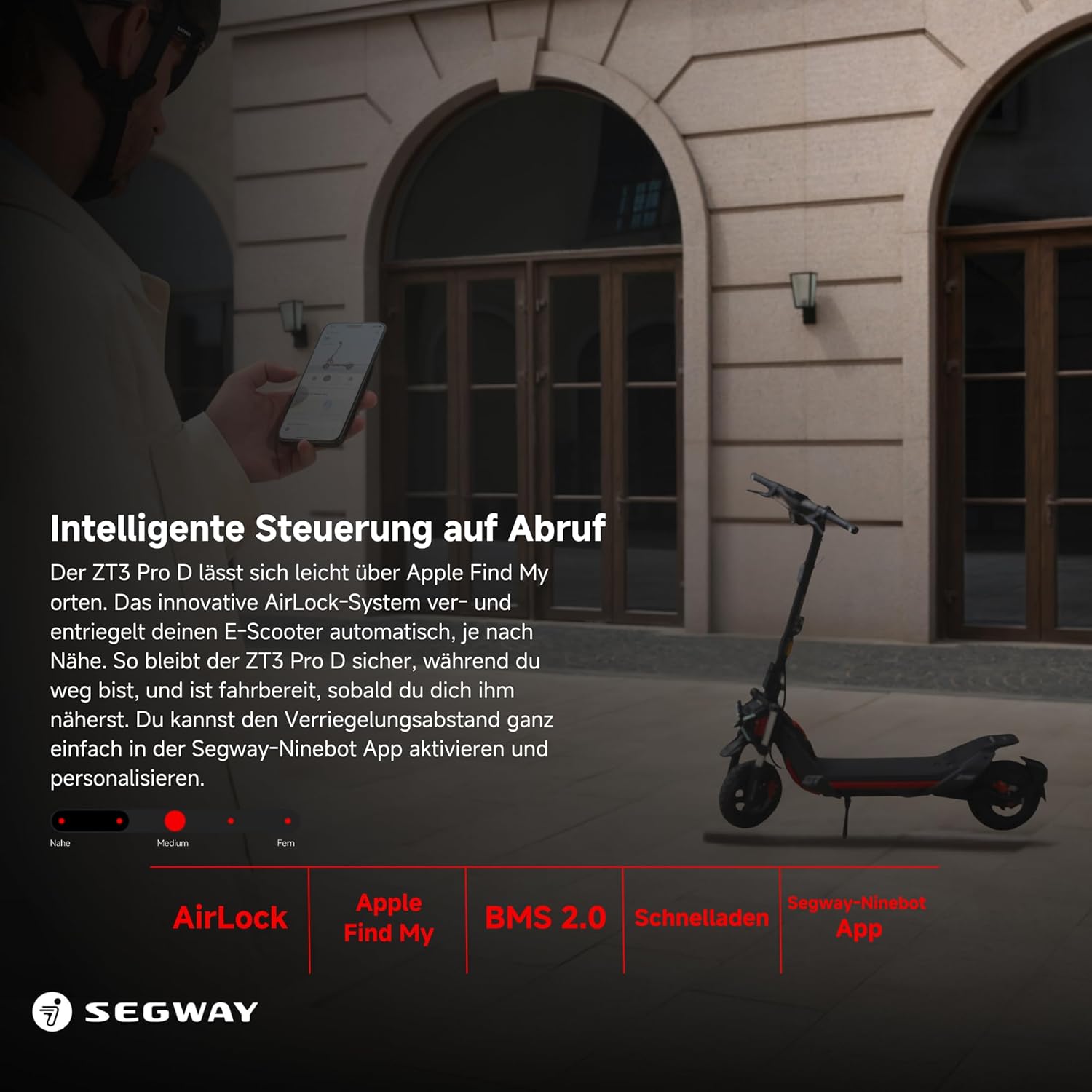 Segway ZT3 Pro D, E-Scooter mit Deutscher Straßenzulassung, 70 km Eco Modus Reichweite, 56km im Sport Modus, Vollfederung, 120 kg Tragkraft, 25% Steigung, Offroad-Reifen, Apple Find My, wasserfest