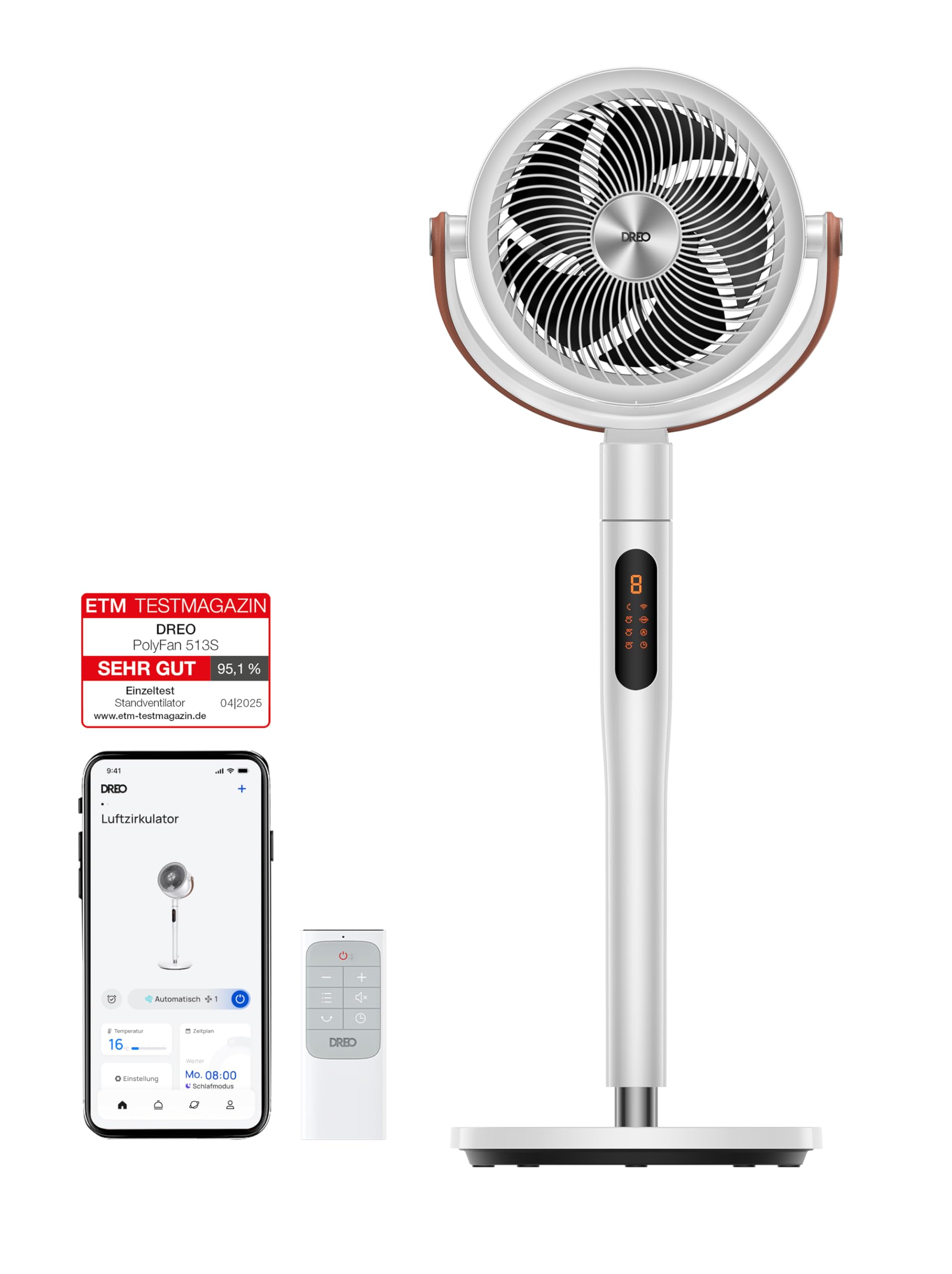 DREO 20dB Quiet Smart Floor Fan for Bedroom with RGB LED, 150° + 120° Oscillation, 30 m Air Circulation Fan and 2209 m³/h Air Volume, 12 Speeds, 6 Modes, 94-107 cm Height, WLAN & Alexa