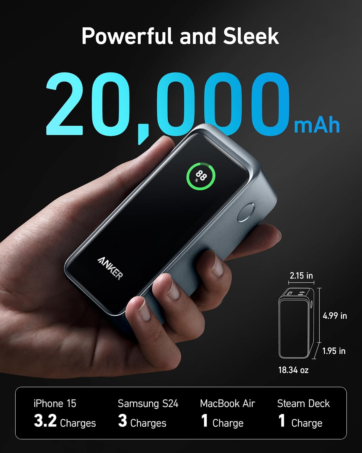 Anker Prime Power Bank, 72 Wh External Battery with 200 W Power, Digital Display, 2 x USB-C and 1 x USB-A Port, Compatible with iPhone 17/16/15/14 Series, Samsung, MacBook, Dell, and More