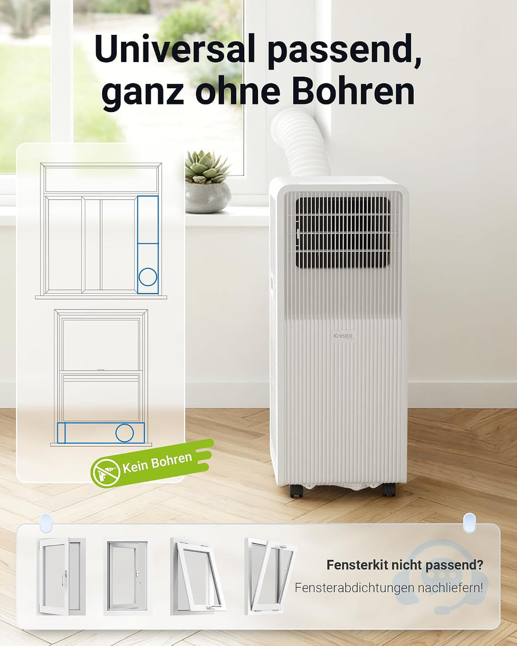 Mobile Air Conditioner 9000 BTU, Mobile Air Conditioner with Exhaust Hose, Mobile Air Conditioner with Exhaust Hose for Rooms up to 33 m²/90 m³, Air Conditioner with Timer, R290, White