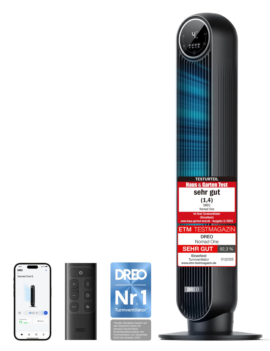 DREO Quiet Tower Fan, 10 m Throwing Distance 4 Speed Levels 4 Modes 8 Hours Timer 90° Oscillating Fan with Cooling Remote Control for Bedroom, Tower Fan 307, Black
