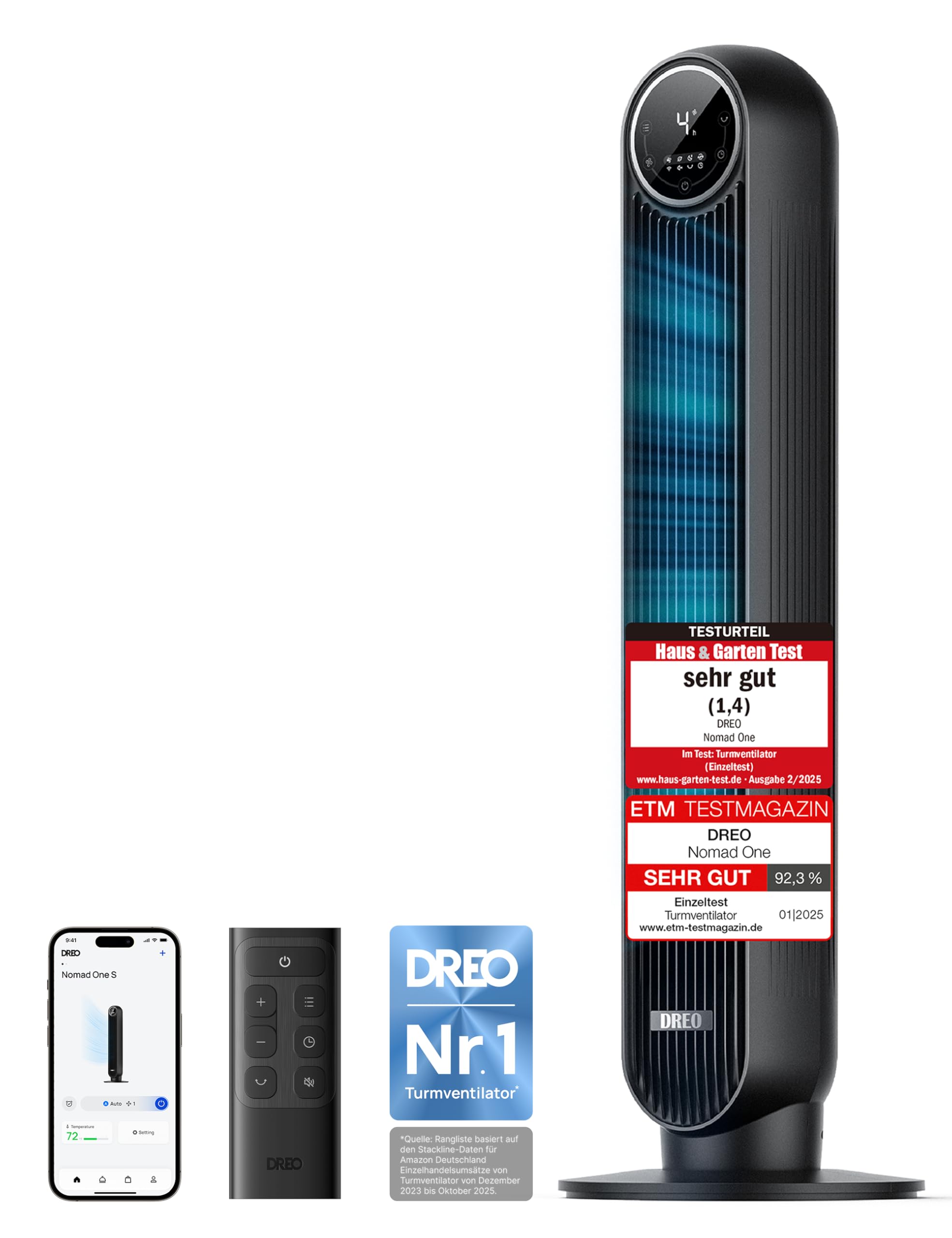 DREO Quiet Tower Fan, 10 m Throwing Distance 4 Speed Levels 4 Modes 8 Hours Timer 90° Oscillating Fan with Cooling Remote Control for Bedroom, Tower Fan 307, Black