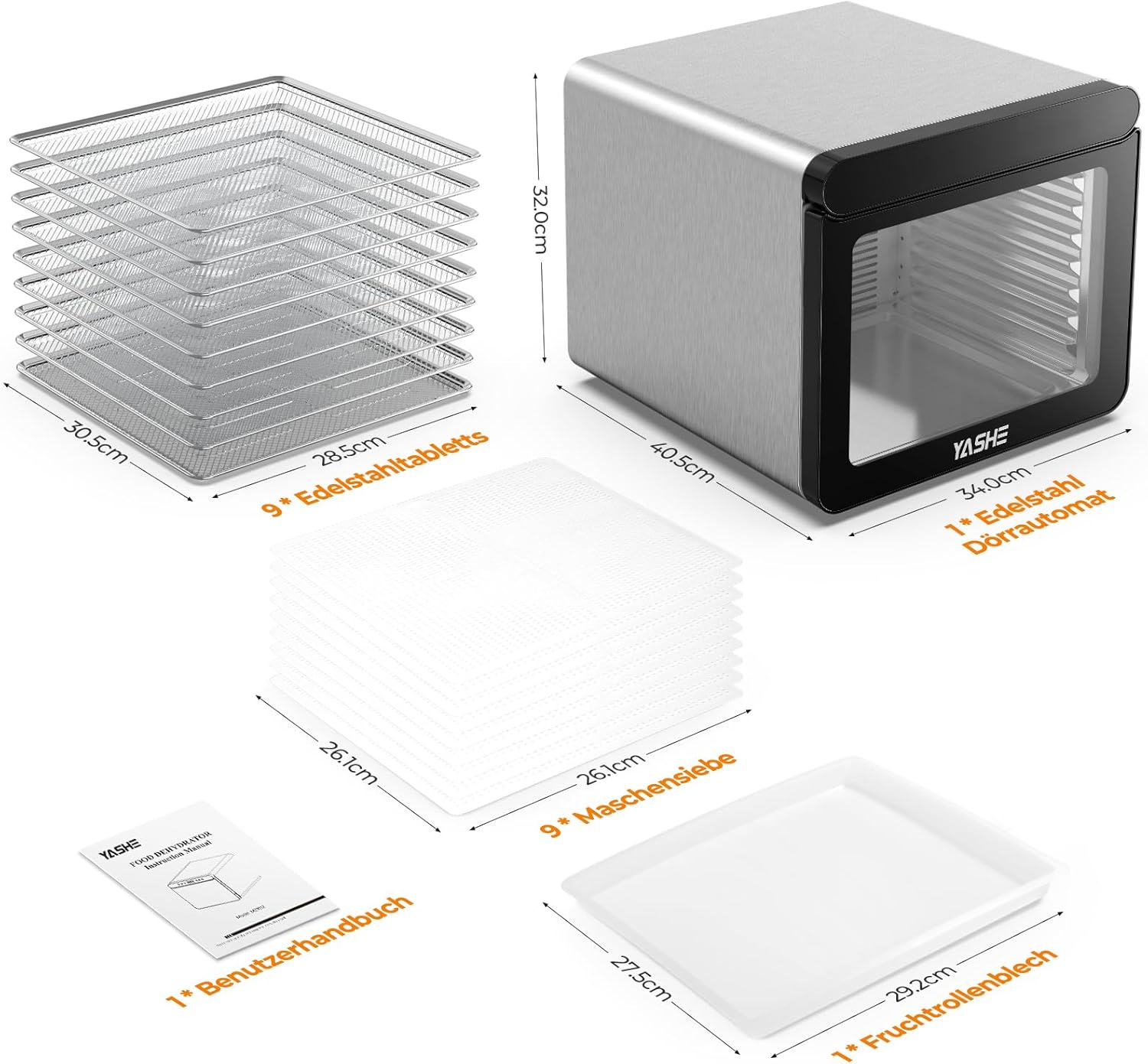 YASHE Stainless Steel Dehydrator with Digital Control (Temperature up to 75°C, Timer up to 48 Hours), 9 Trays Dehydrator for Fruit and Vegetables, Rear Fan for 360° Air Circulation, 800 Wo