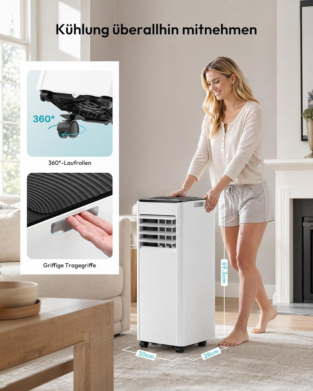 Mobile Air Conditioner 9000 BTU with Exhaust Hose, 4-in-1 Mobile Air Conditioner, Quiet Operation, Digital Display + Remote Control, Window Installation Set, 24-Hour Timer, For Rooms up to 25 m²
