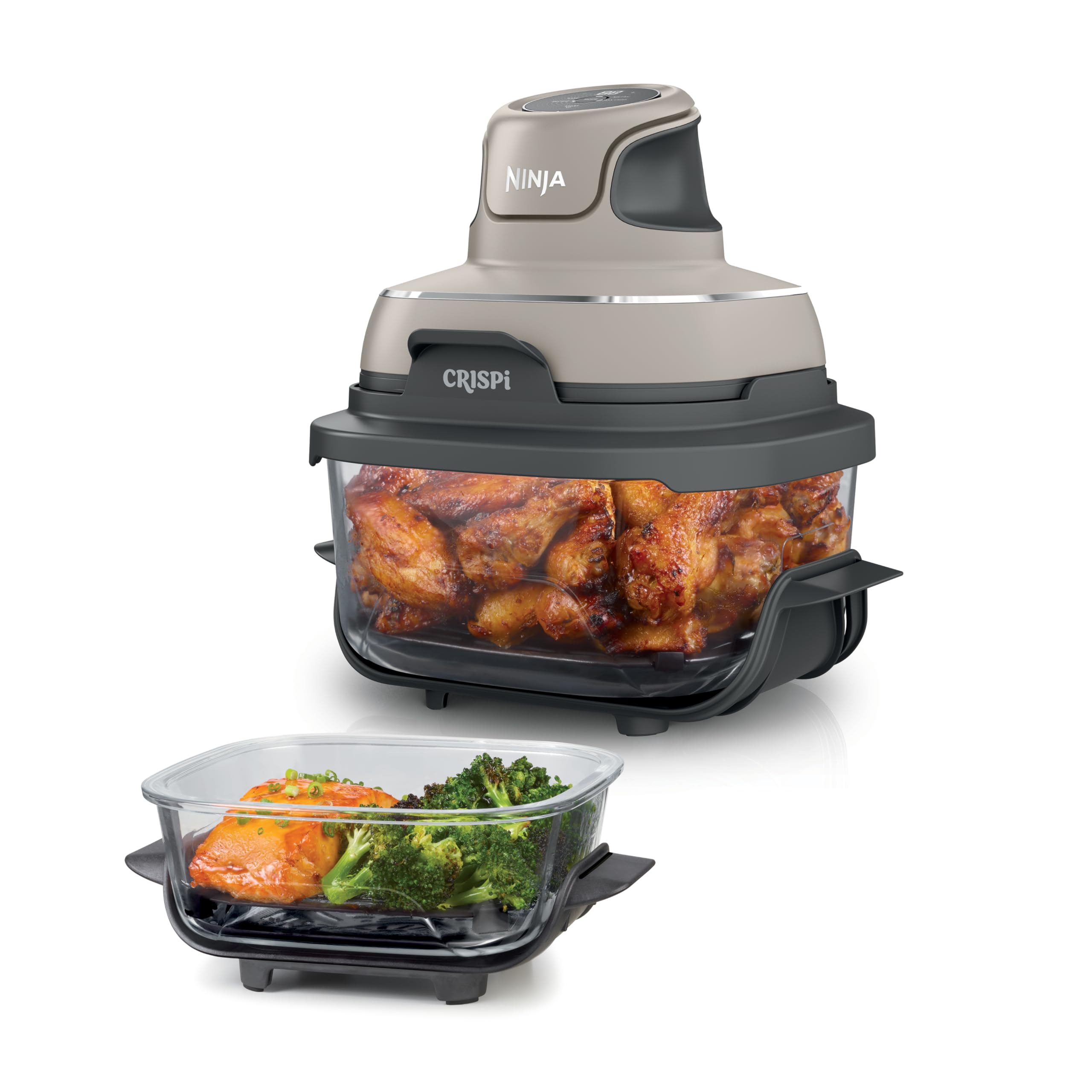 Ninja CRISPi Portable Air Fryer 3.8L 4-in-1: Hot Air Frying, Roasting, Keeping Warm, Recrisp, 6 Servings, 2 Removable Glass Containers & Lids 1700W, Stone Gold FN101EUSTGD