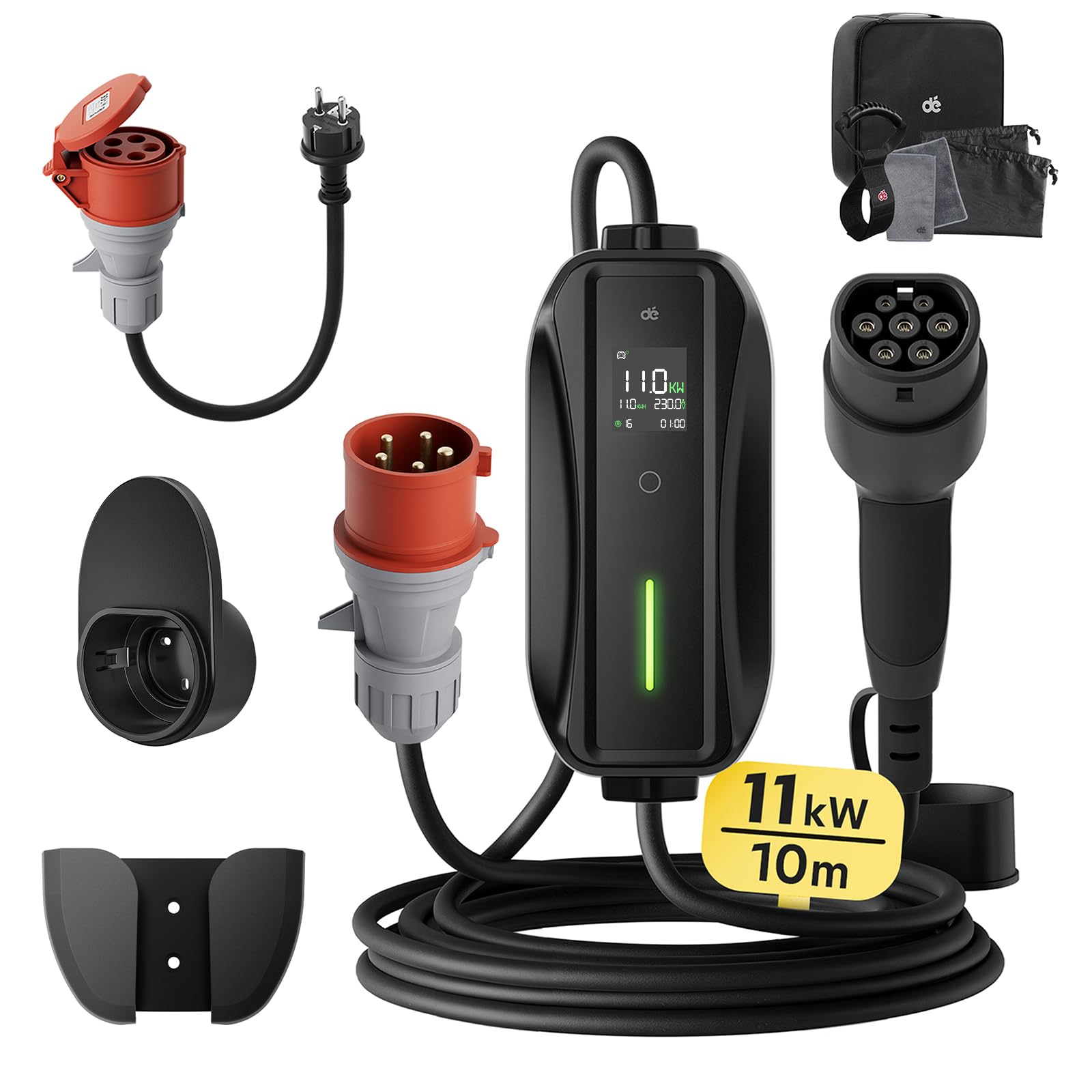 dé Mobile Wallbox/Charging Station 11 kW [3-Phase | 7 m | 6-16 A] with Adjustable Charging Power, Charging Cable CEE 16A to Type 2 and EV Charger for Model Y/3, ID.3/4/5, MG4, EX30, e-up, e-tron, Zoe and Other EV