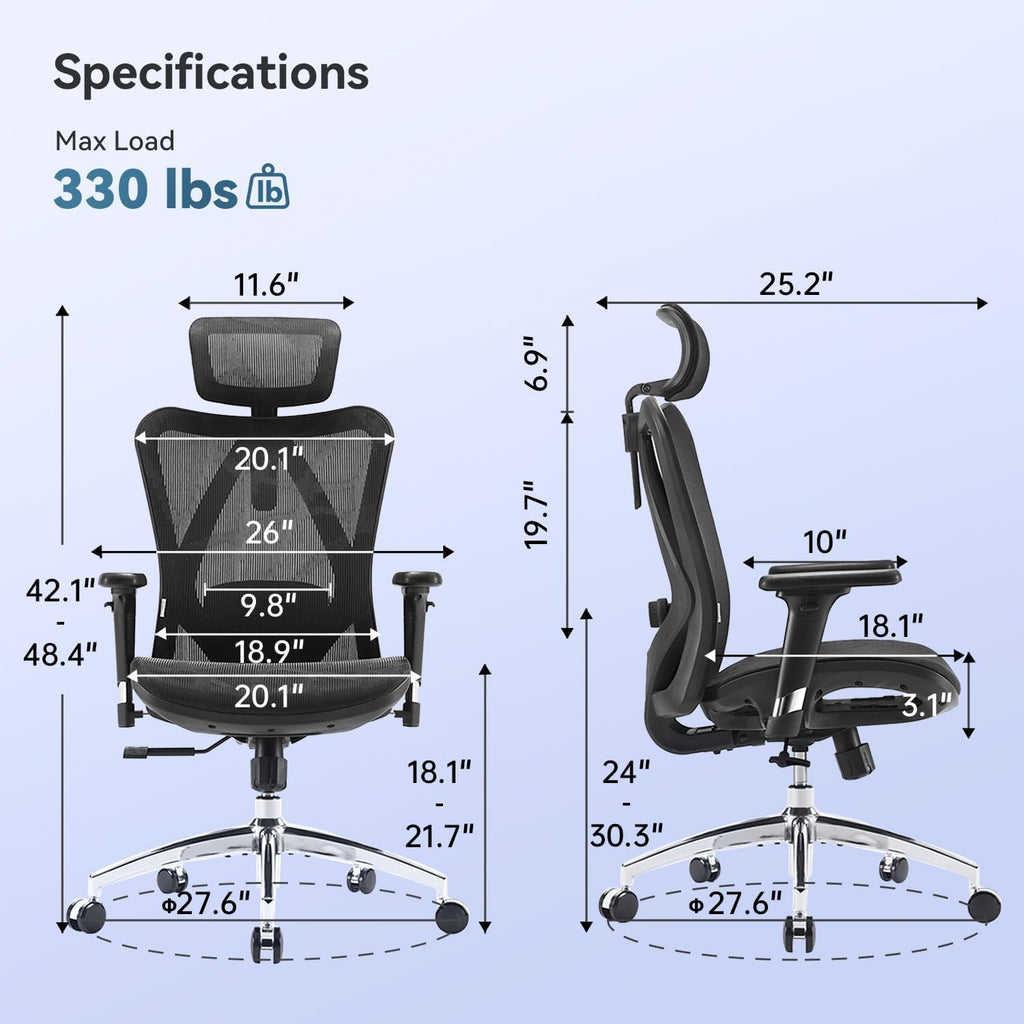SIHOO Ergonomic Desk Chair, Swivel Chair with Adjustable Lumbar Support, Headrest and Armrest, Height Adjustment and Rocker Function, Back-Friendly, Office Chair Load Capacity: up to 150 kg (330 lbs)