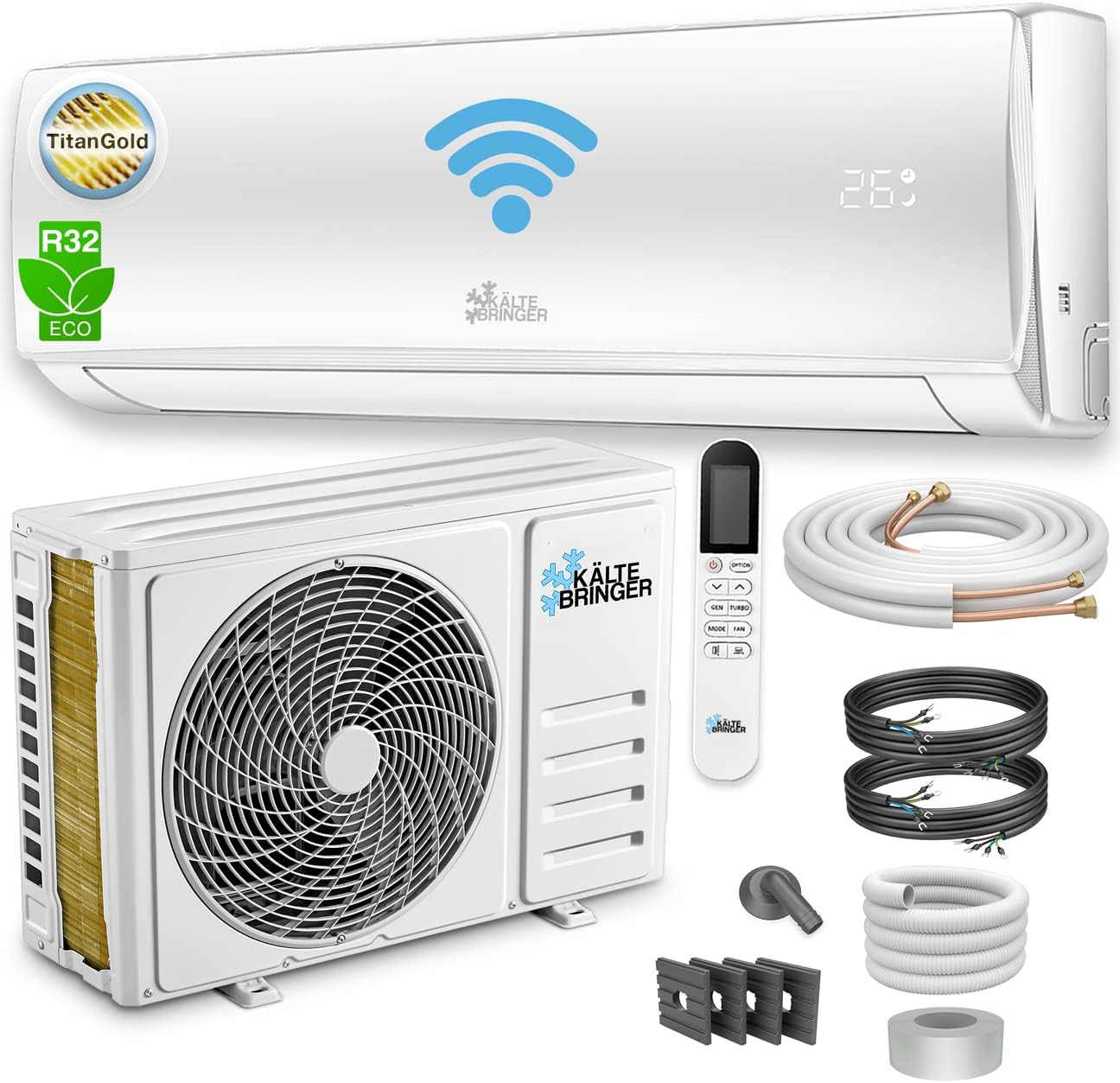 Kältebringer Split Klimaanlage - 12000 BTU (3,4 kW) - Klimagerät mit Heizfunktion, WiFi & App, bis 55qm, sehr leise - Set mit 5m Kupferleitung, Kältemittel R32, Montagematerial