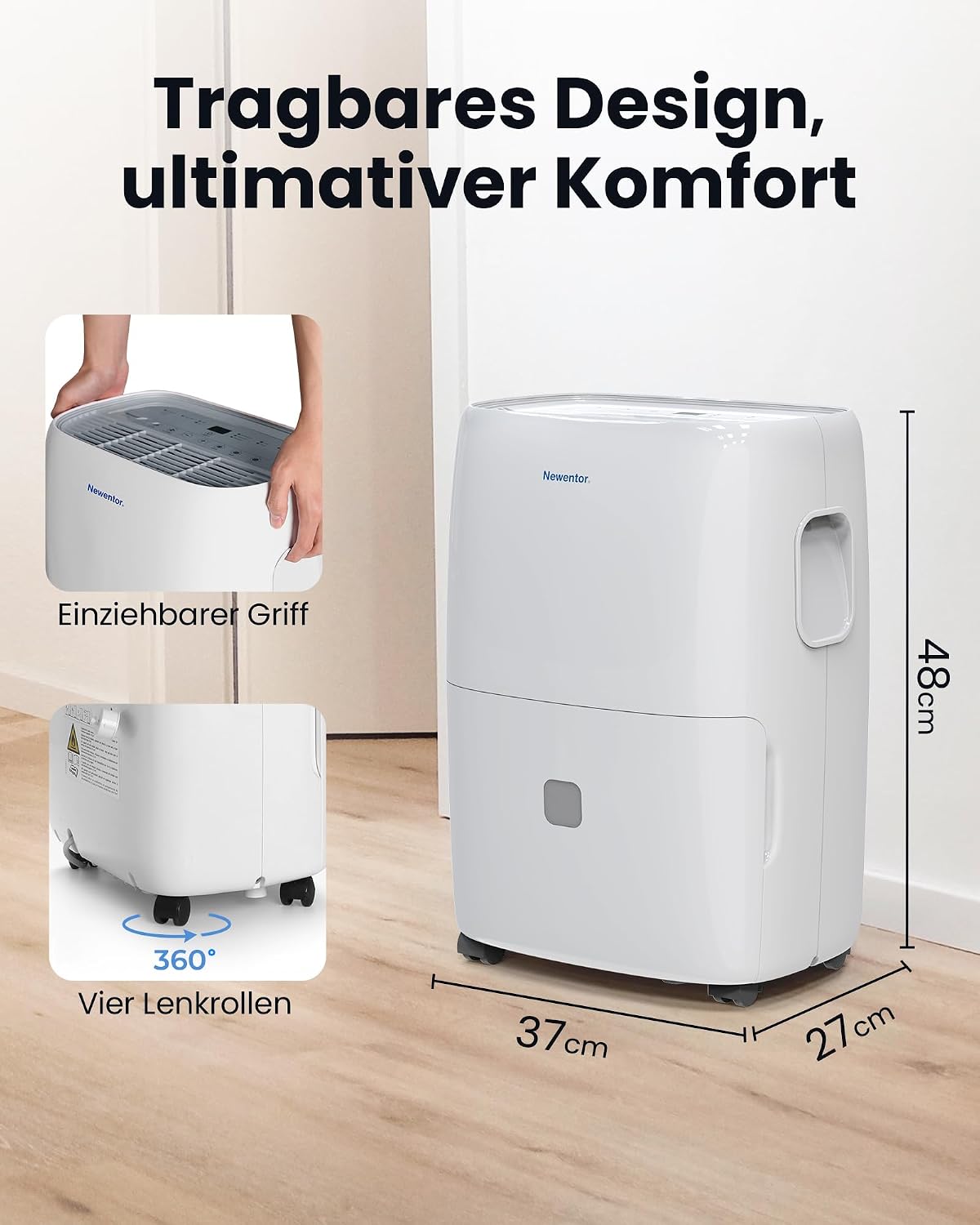 Newentor Electric Dehumidifier, 25 L, Dehumidifier Electric Cellar, Room Dehumidifier for Home for 215 m³/80 m², with Timer, Filter and 1 m Drain Hose, 10 J.