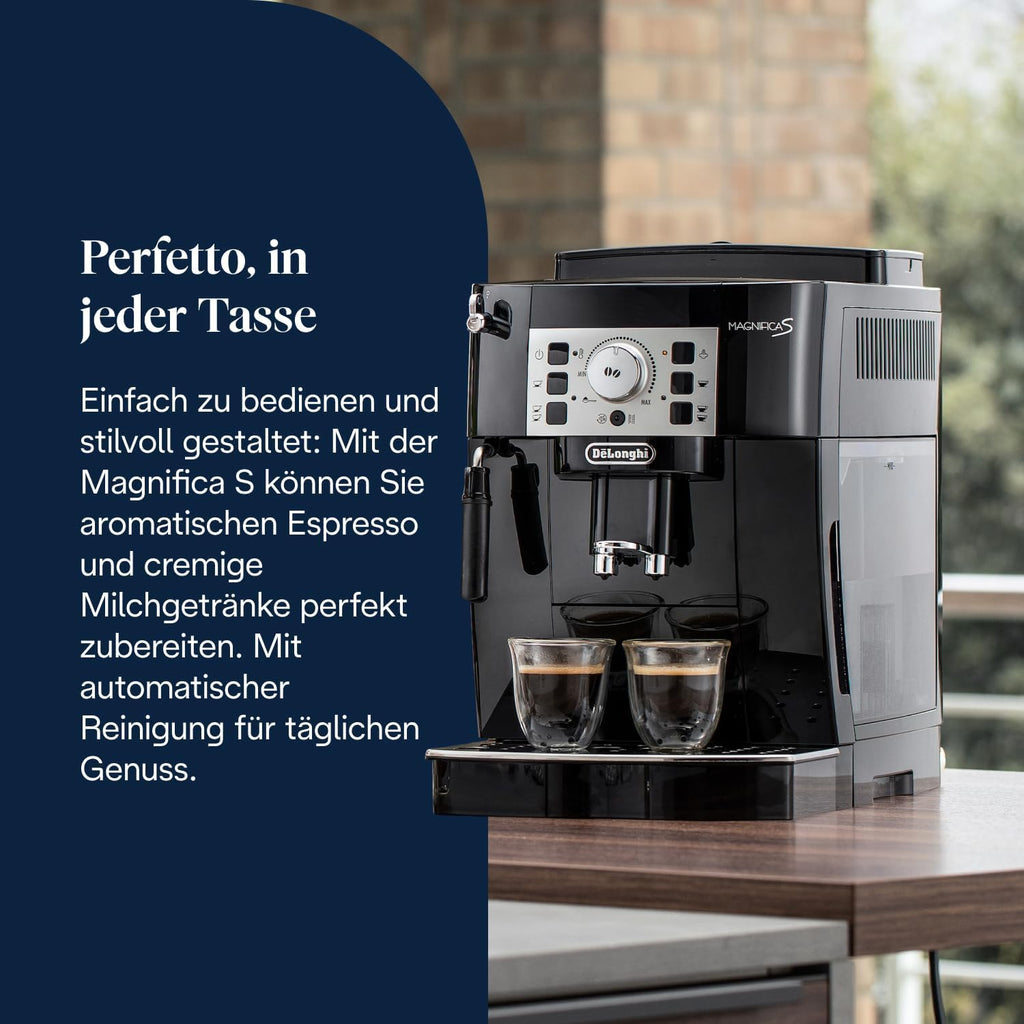 De'Longhi Magnifica S ECAM 22.110.B fully automatic coffee machine with milk frother for cappuccino, with espresso direct selection buttons and rotary control, 2-cup function, 1.8 liter water tank, black / silver