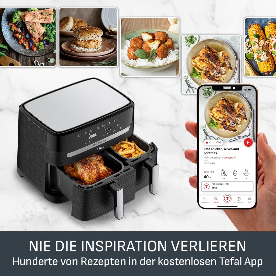 Tefal Dual Easy Fry Hot Air Fryer 8.3 L - Airfryer with 2 Chambers & XL Drawer, 7 Programmes, 2700 W, Extra Crisp Technology, Low Fat Frying & Energy Saving, Dishwasher Safe EY9018