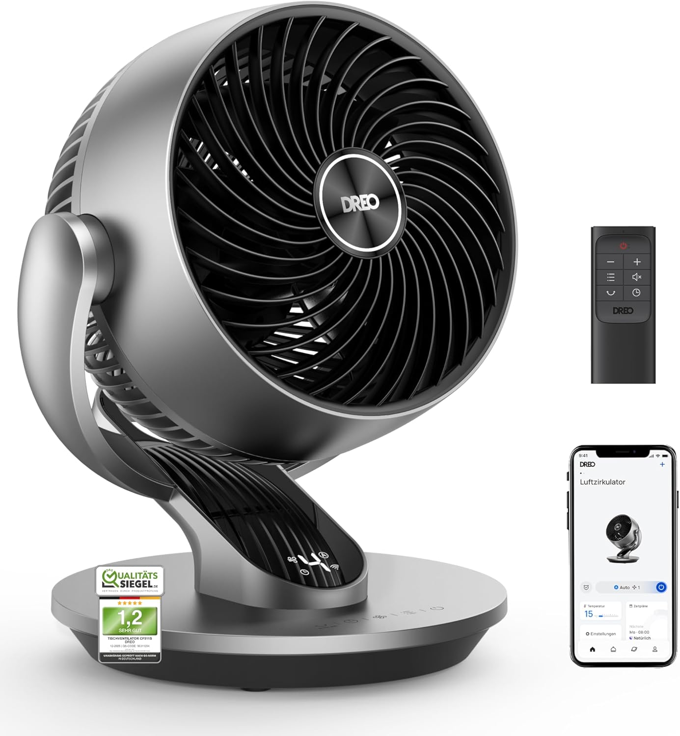 DREO 28dB Quiet Smart Table Fan for Bedroom Office, Fan with Remote Control Cooling 21 m Wind Distance 4 Speed Level 5 Modes 12H Timer 90° Car 120° Manual Oscillating Lynx S
