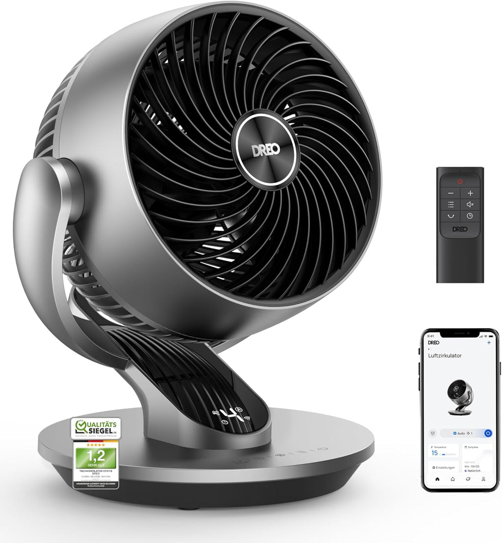DREO 28dB Quiet Smart Table Fan for Bedroom Office, Fan with Remote Control Cooling 21 m Wind Distance 4 Speed Level 5 Modes 12H Timer 90° Car 120° Manual Oscillating Lynx S