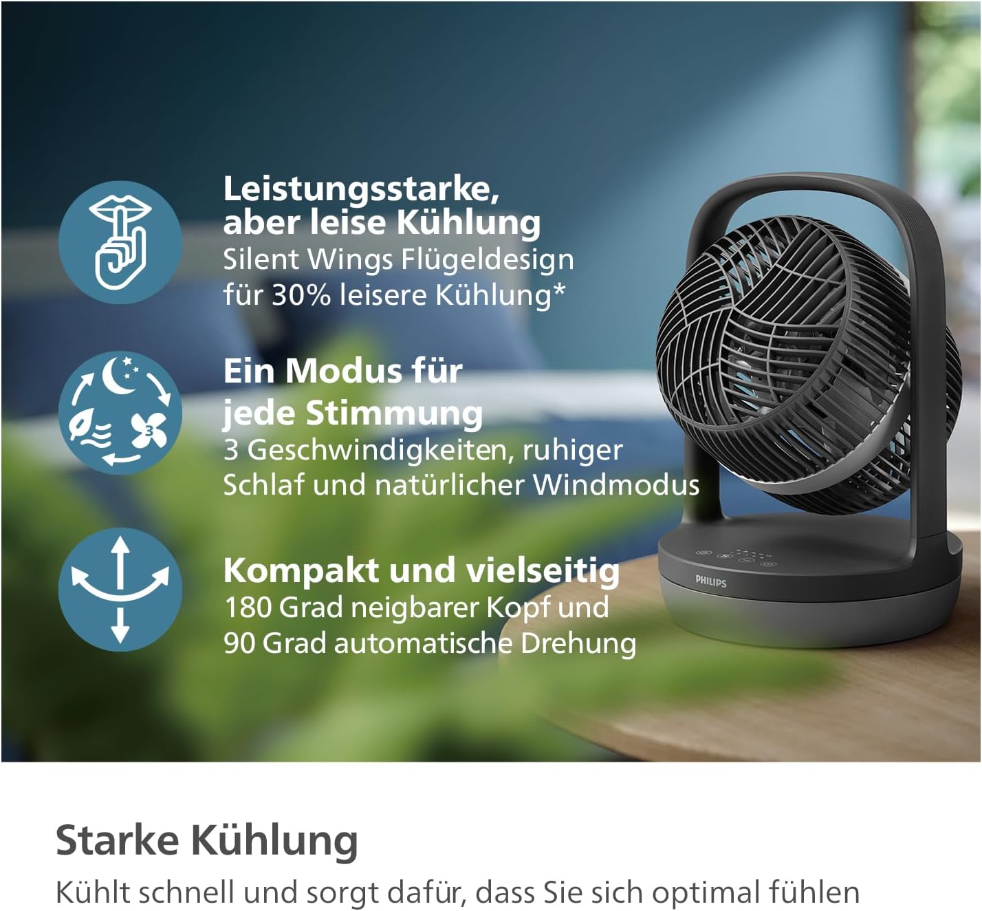 PHILIPS oszillierender Tischventilator Serie 3000, stark & superleise mit SilentWings-Technologie mit 23 dB, leicht zu tragen, Neigung 180°, Timer, schwarz (CX3050/01)
