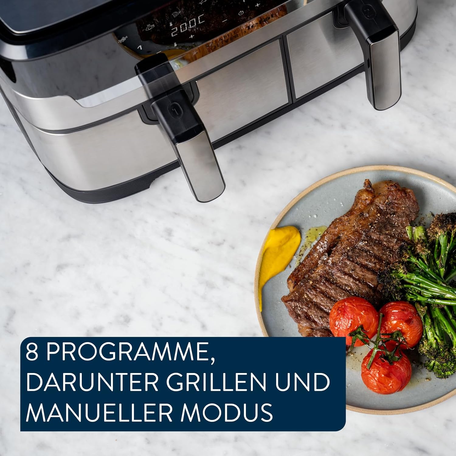Jamie Oliver by Tefal Dual Drawer Heißluftfritteuse 8,3 L – Airfryer mit 2 Kammern & Grillfunktion, 8 Programme, Sync-Modus für gleichzeitiges Garen, fettarm frittieren & energiesparend EY90JDE1