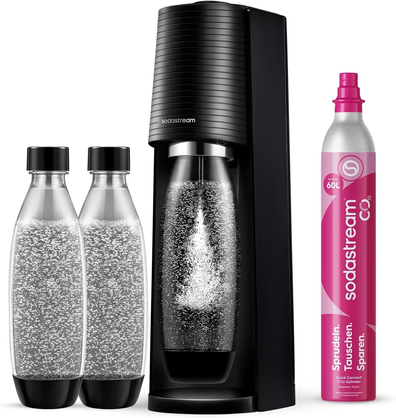 SodaStream Wassersprudler TERRA Promopack mit Quick-Connect CO2-Zylinder | inkl. 3x 1L FUSE Kunststoffflasche (spülmaschinengeeignet) | Farbe: Schwarz