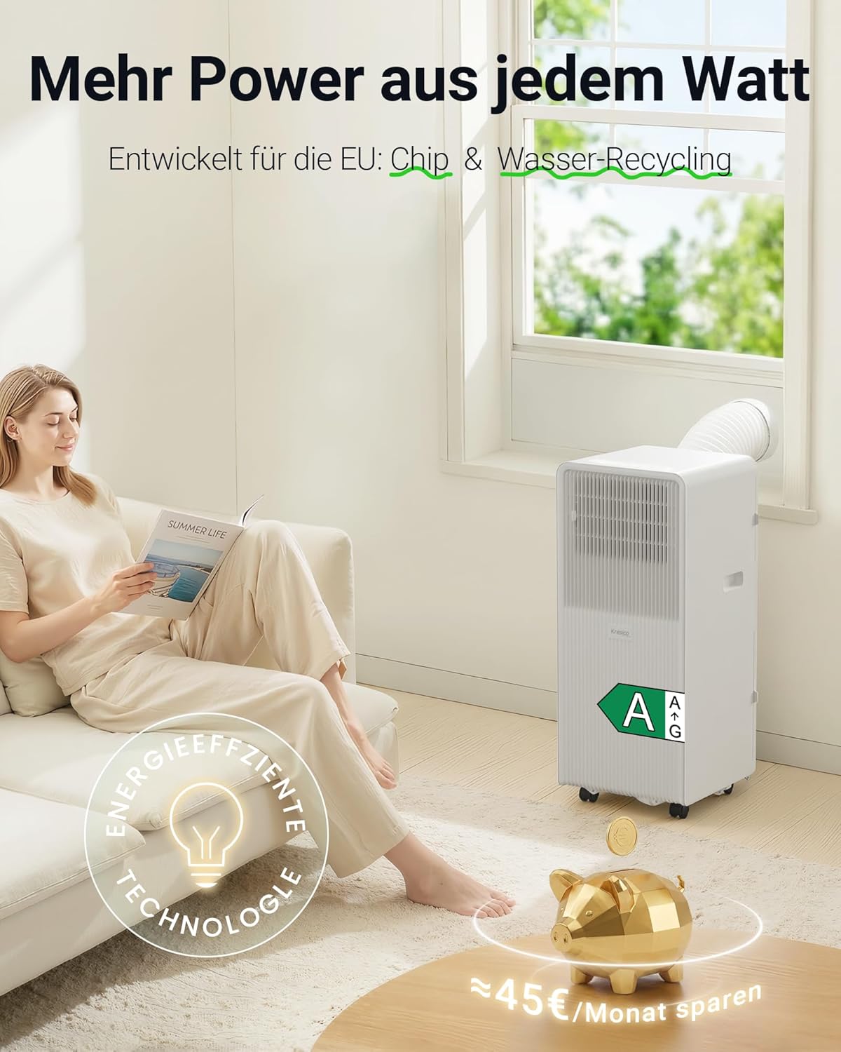 Mobile Air Conditioner 9000 BTU, Mobile Air Conditioner with Exhaust Hose, Mobile Air Conditioner with Exhaust Hose for Rooms up to 33 m²/90 m³, Air Conditioner with Timer, R290, White
