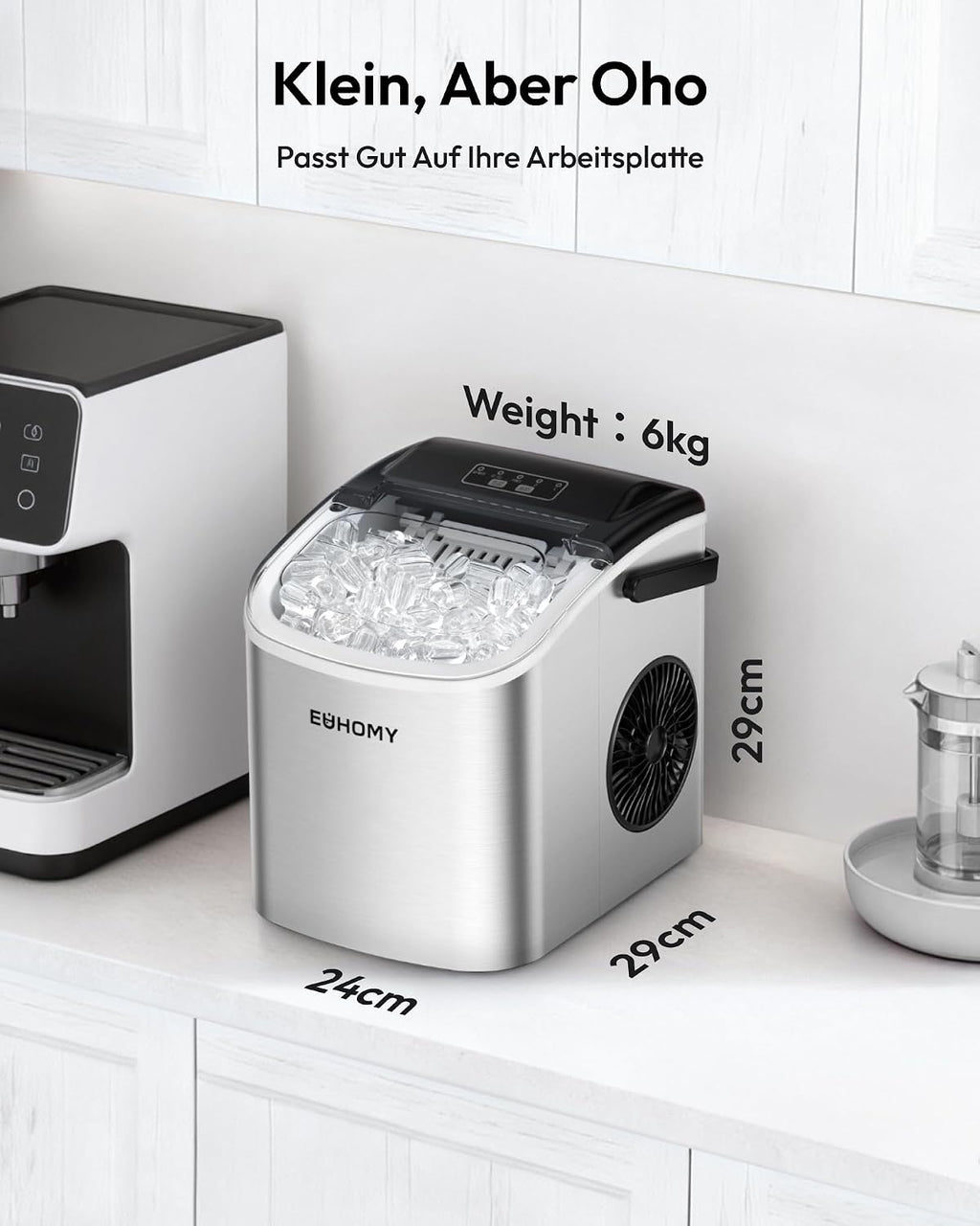 EUHOMY Small Ice Cube Machine, 9 Ice Cubes in 6 Minutes, 12 kg/24 H, Stainless Steel Ice Cube Machine with Portable Handle, Self-Cleaning Compact Ice Cube Machines for Home/Kitchen/Office/Bar