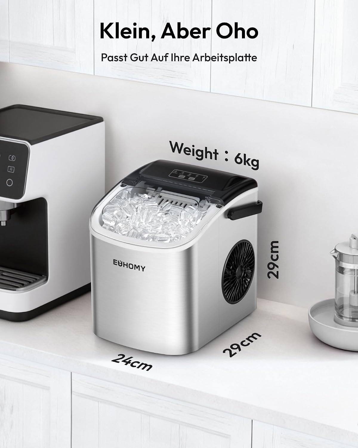 EUHOMY Small Ice Cube Machine, 9 Ice Cubes in 6 Minutes, 12 kg/24 H, Stainless Steel Ice Cube Machine with Portable Handle, Self-Cleaning Compact Ice Cube Machines for Home/Kitchen/Office/Bar