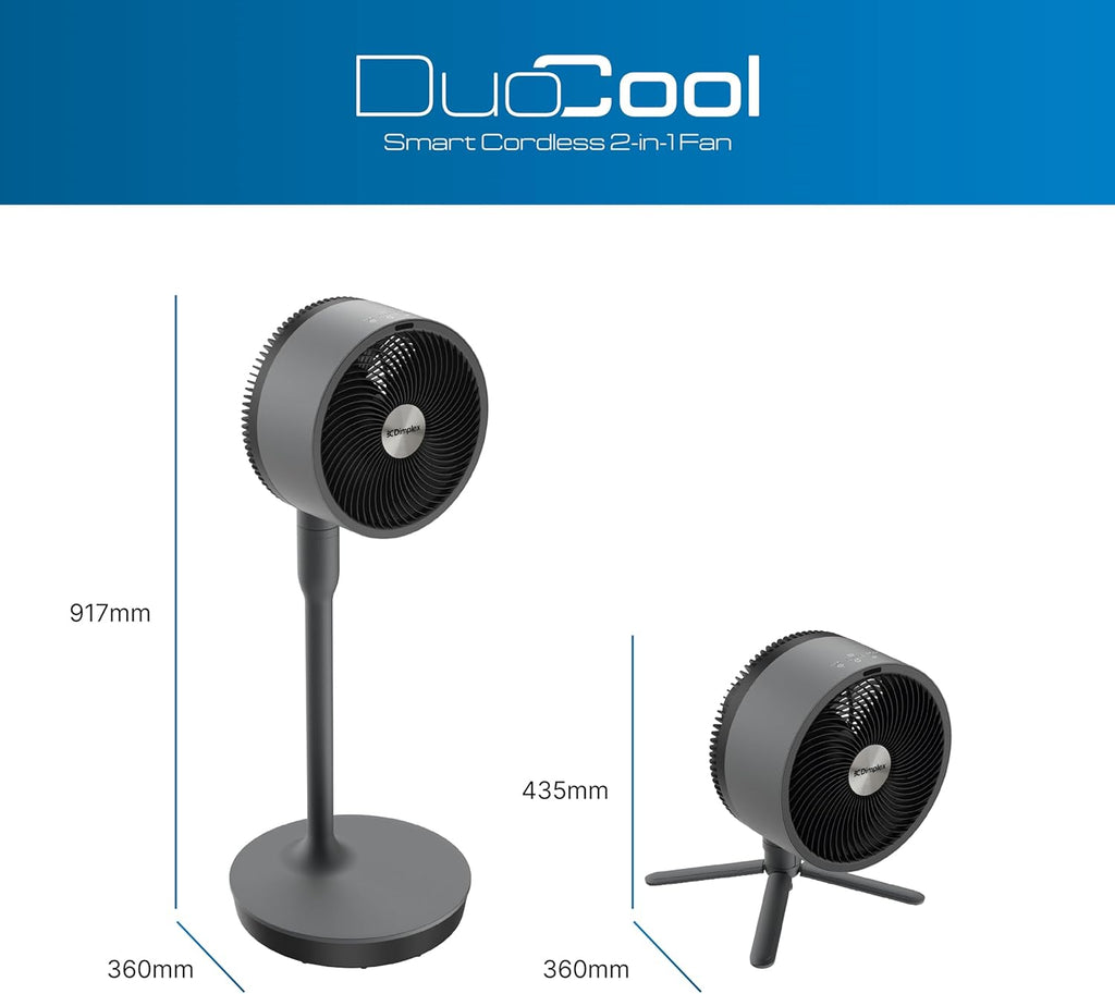 Dimplex Duocool Smart 2-in-1 Cordless Cordless Fan, Stand & Table Fan, 45 Hours Battery, 5 Speeds + Turbo, 20 m Range, Quiet Fan (36 dB), App, Google Home & Alexa, Remote Control